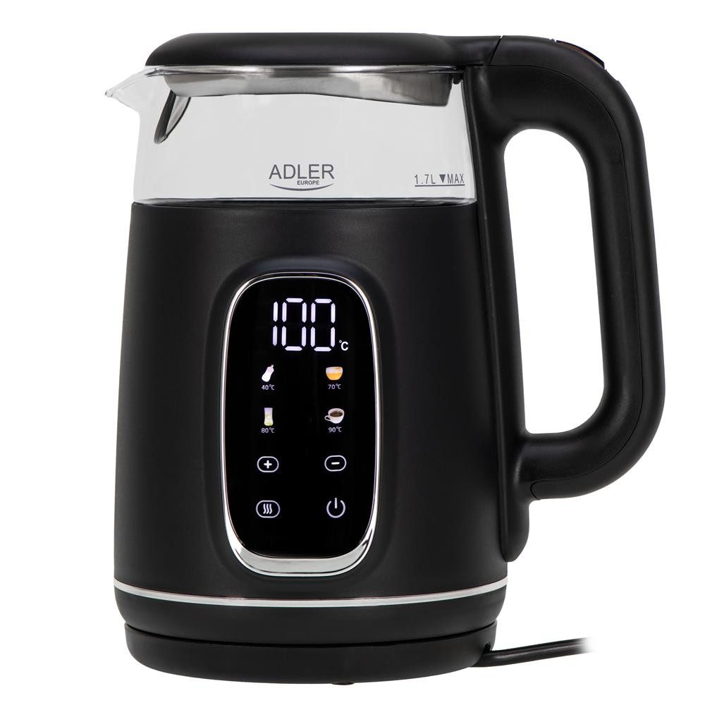 ADLER EUROPE Wasserkocher AD 1305b Glas-Wasserkocher mit Temperaturwahl 40–100°C, LED-Display, 1,7 l, 2200 W, Warmhaltefunktion 2 Std., 2200 W, Touch-Bedienung schwarz, silber