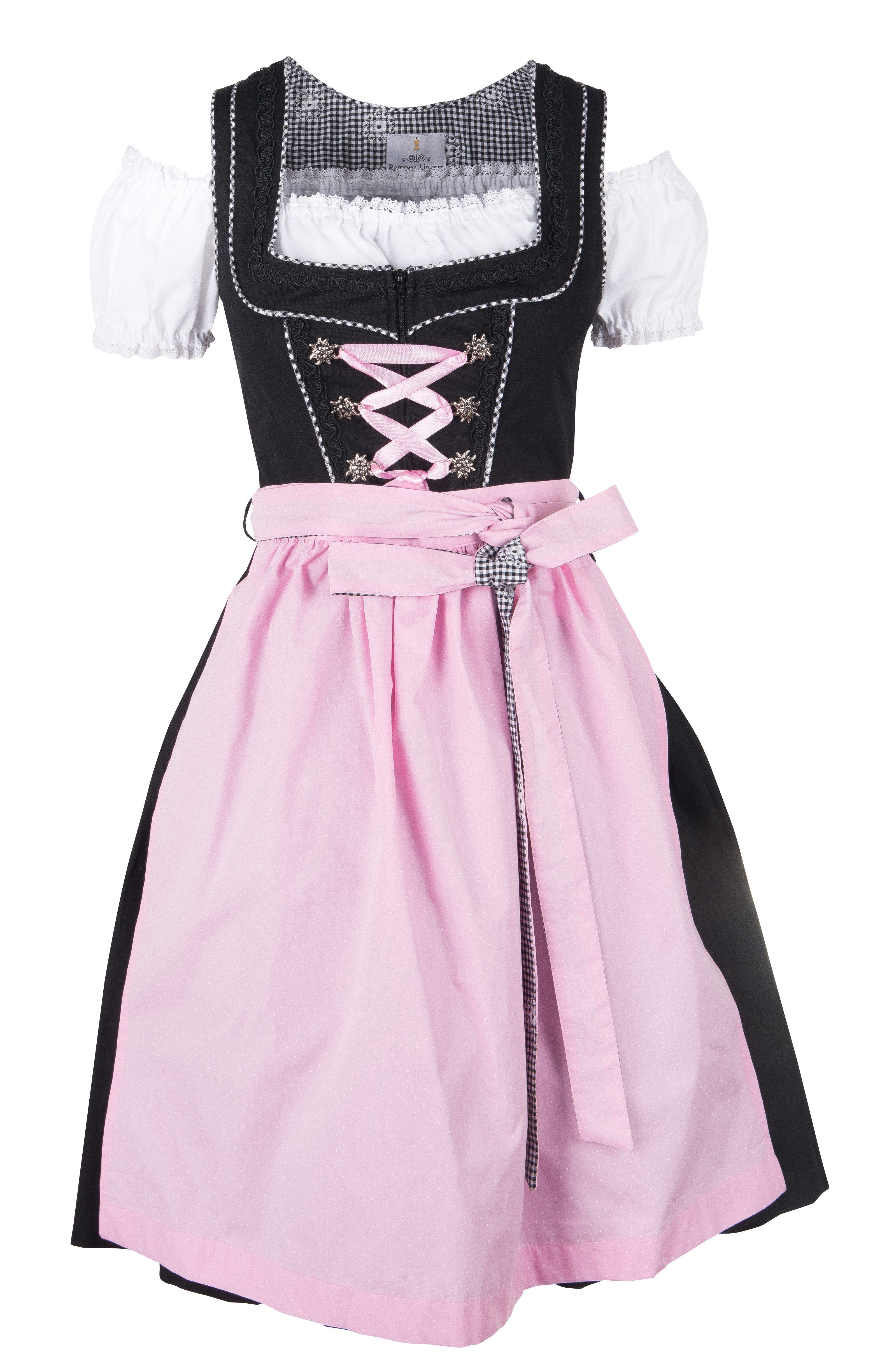 Ramona Lippert Dirndl Pia Damen 3-teiliges Trachtenkleid schwarz rosa Rocklänge 60 cm