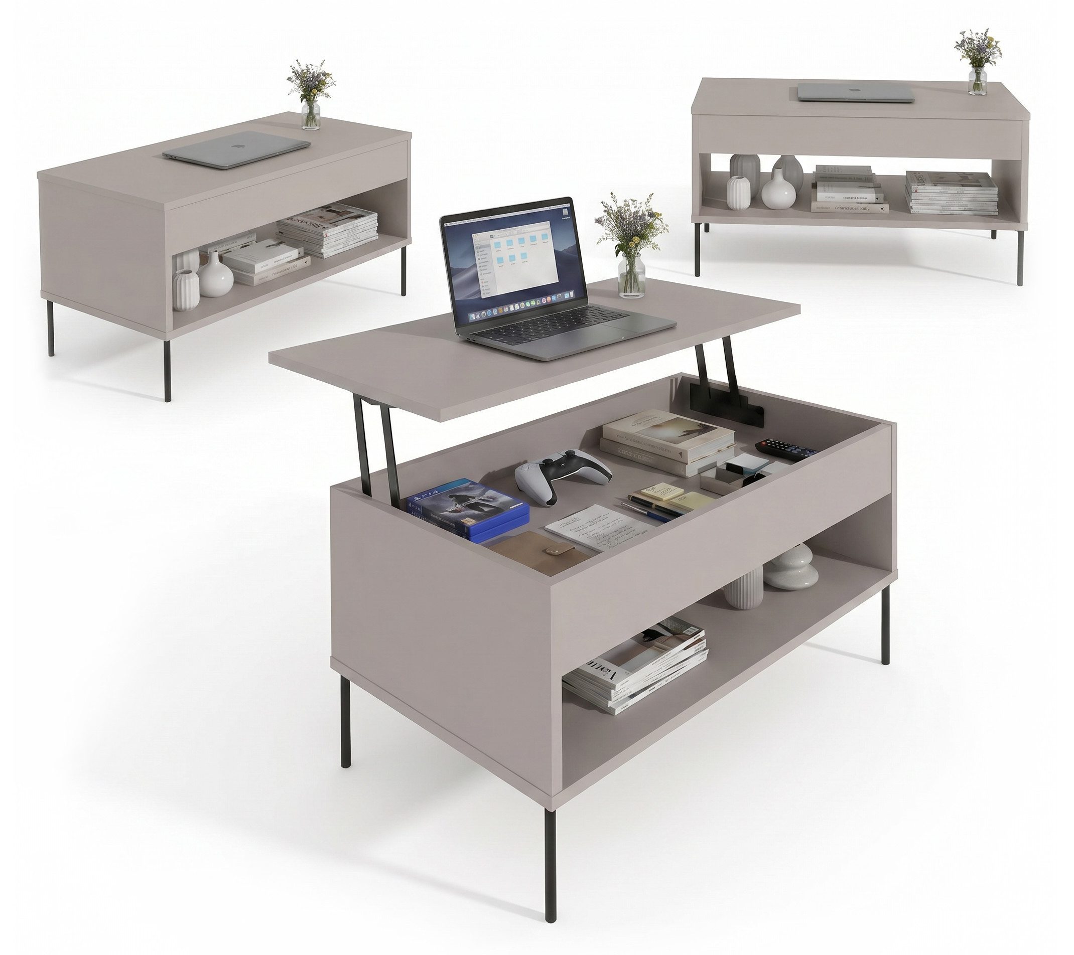 TREND WERK Couchtisch Lift-Sofatisch mit Metallfüßen und Stauraum 92×50 cm, 45-65 cm höhenverstellbar, verstecktem Fach & offener Ablage