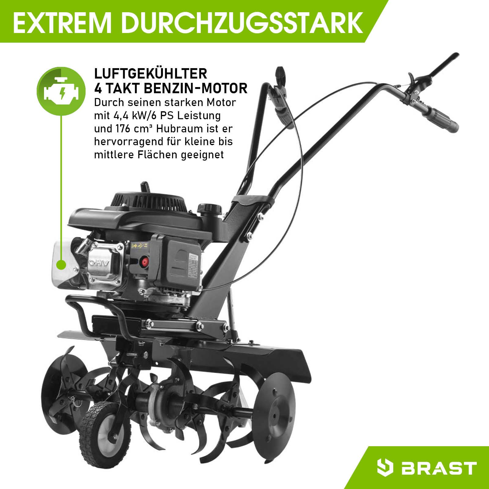 BRAST Benzinmotorhacke Ackerfräse 4,4kW (6PS) mit Selbstantrieb, 4-Takt OHV-Motor mit 176ccm, 60 cm Arbeitsbreite, TÜV geprüft, massiver Stahlrahmen, Gartenfräs – Bild 4 von 5