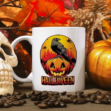 GRAVURZEILE Tasse mit Motiv - Halloween Raben Design - Gechenk -, Keramik, Farbe: Weiß