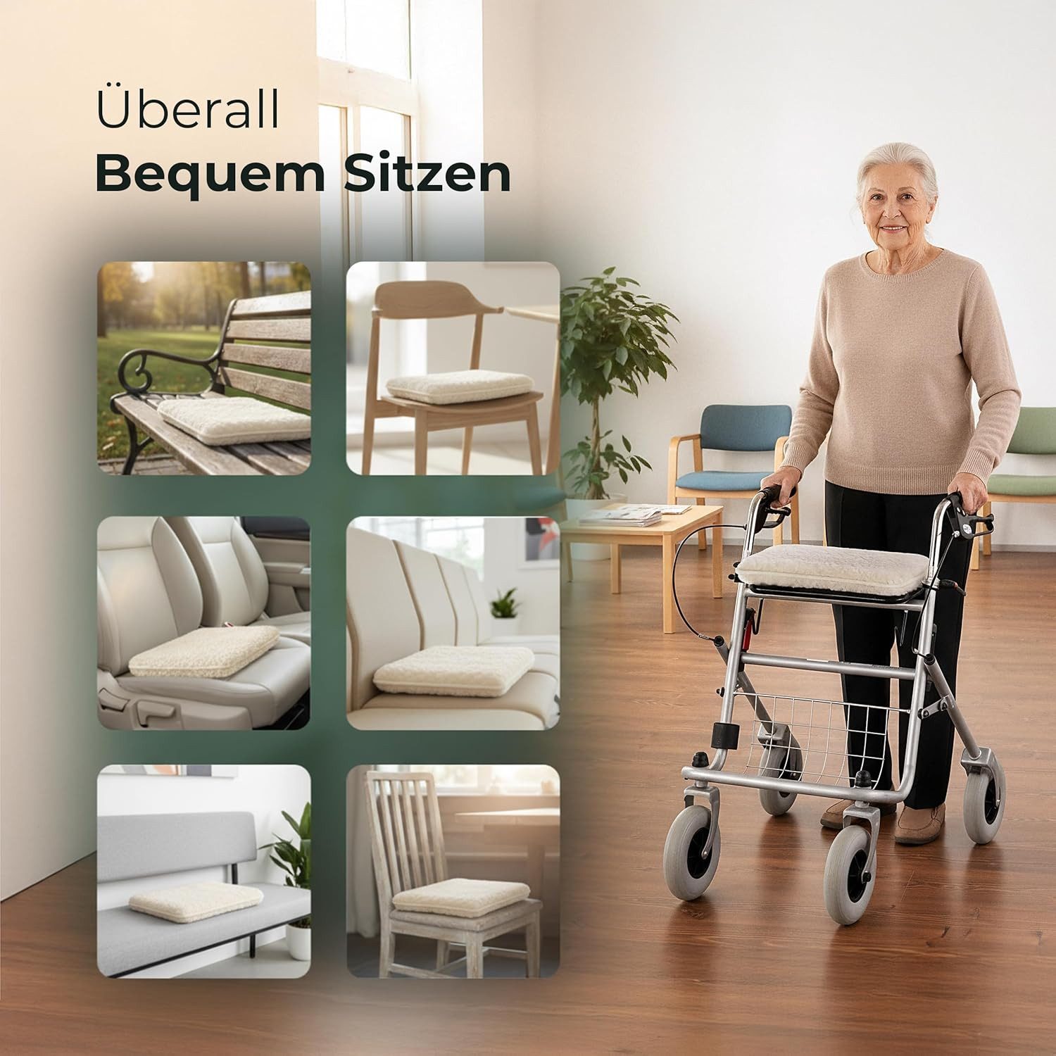 Novaliv Haltungskissen Novaliv Rollator-Sitzkissen Natur Schurwolle 3 cm Polster 40×20 cm rut, 1-tlg., Novaliv Rollator-Sitzkissen Natur Schurwolle 3 cm Polster 40×20 cm rut