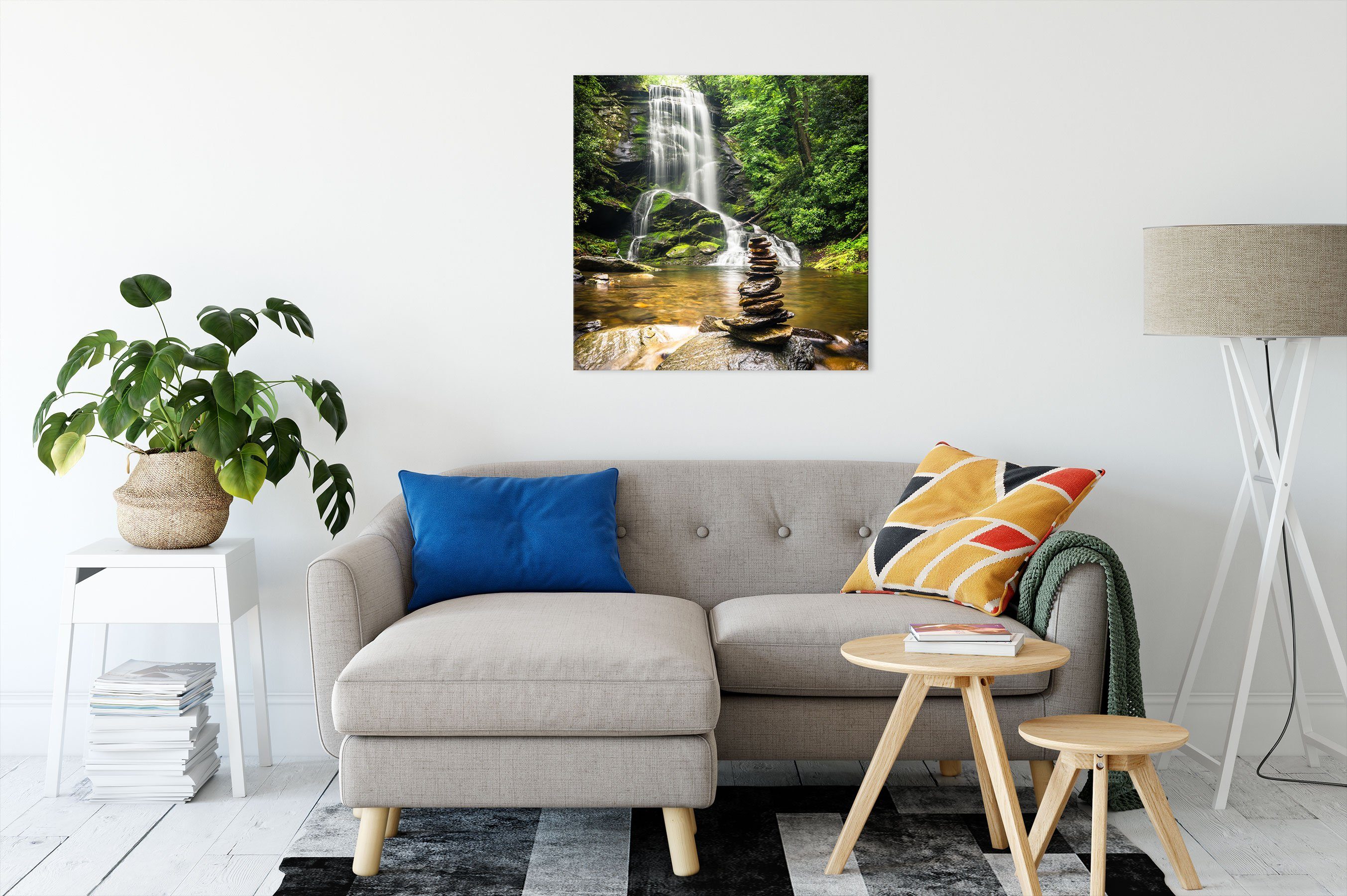 Pixxprint Leinwandbild Zen Steine vor Wasserfall, Zen Steine vor Wasserfall günstig online kaufen