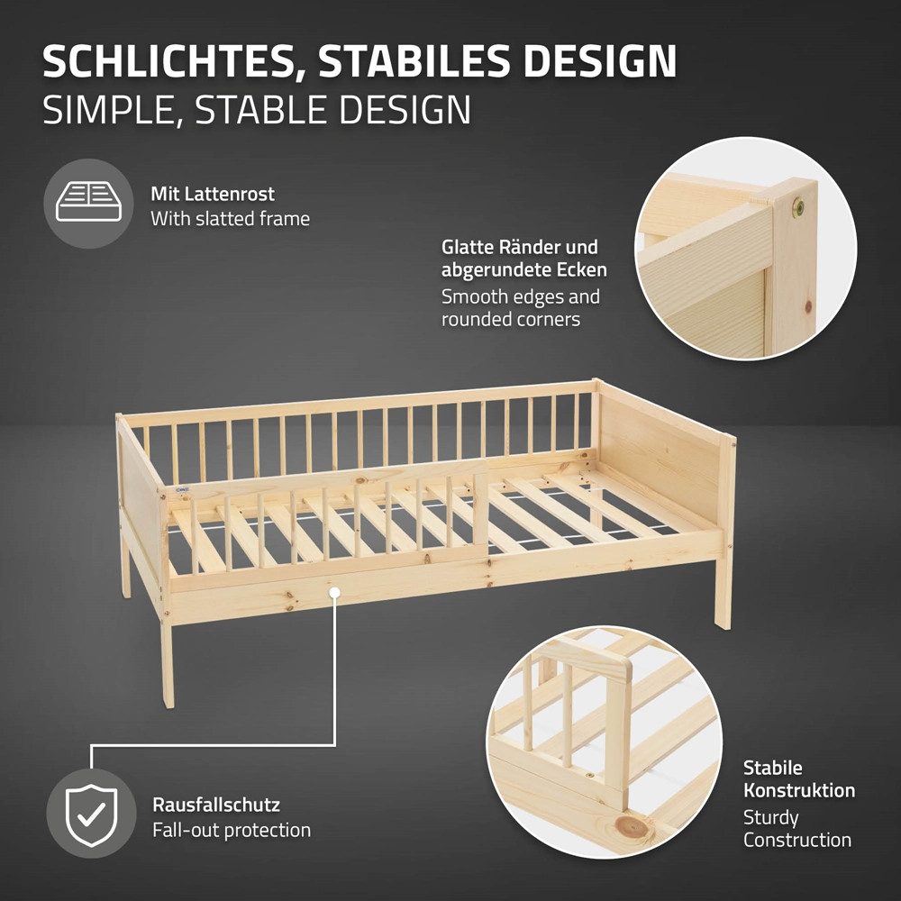 ML-DESIGN Jugendbett Bodenbett Juniorbett inkl. Lattenrost Einzelbett für Kinder Kinderbett, Junior-Bett mit Rausfallschutz Bettrahmen aus MDF / Kiefer