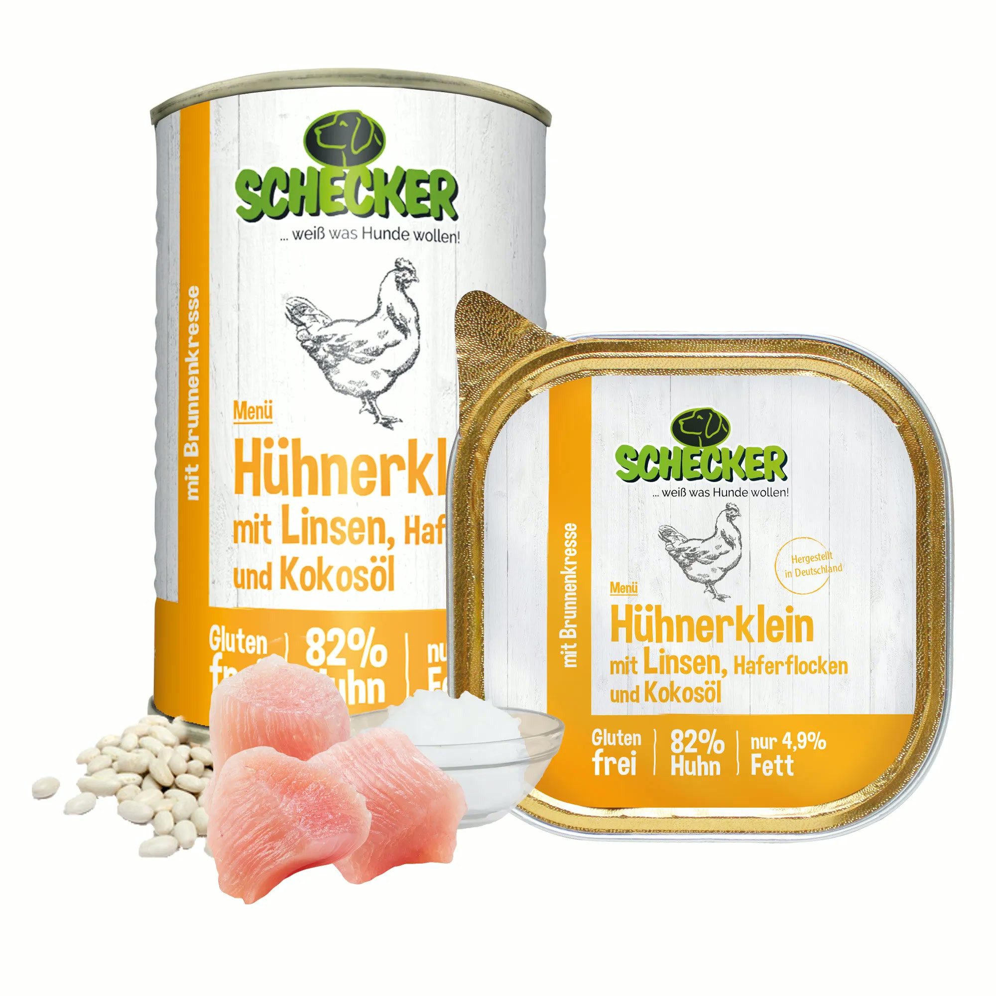 Schecker Schecker Hundemenü -Hühnerklein mit Linsen, Haferflocken und Kokosöl Huhn, Nassfutter für: Hunde, singleprotein