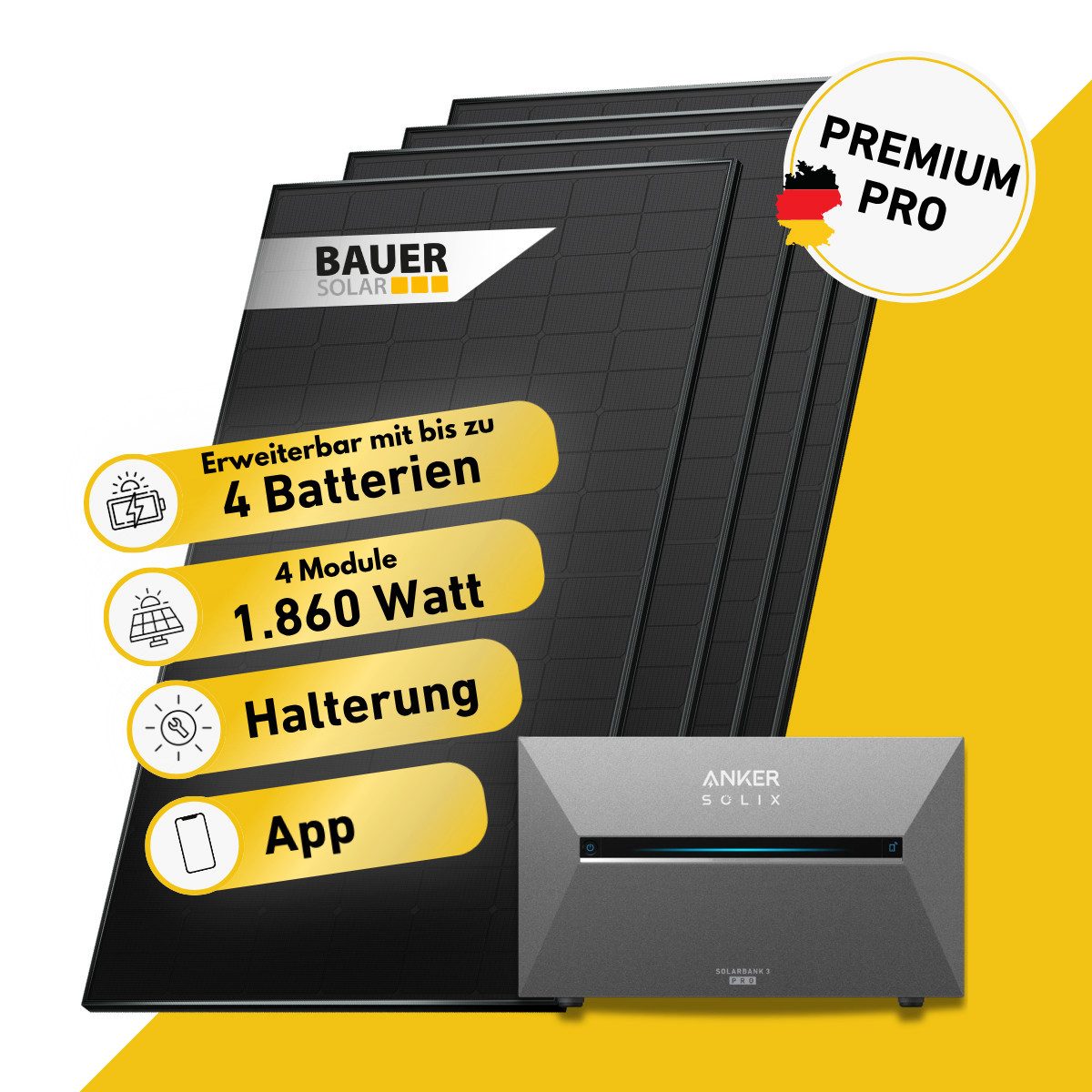 Balkonstrom Balkonkraftwerk PREMIUM Pro 1860 Watt Solaranlage mit Speicher Komplettset Bifazial, 1860 W, Monokristallin, (4x BAUER Solarmodul á 465 Watt, 1x Anker Solix 3 Pro Solarspeicher E2700, 1-4 Zusatzspeicher BP2700), Halterung für Dach, Fassade, Balkon & Garten, App & Plug&Play DE