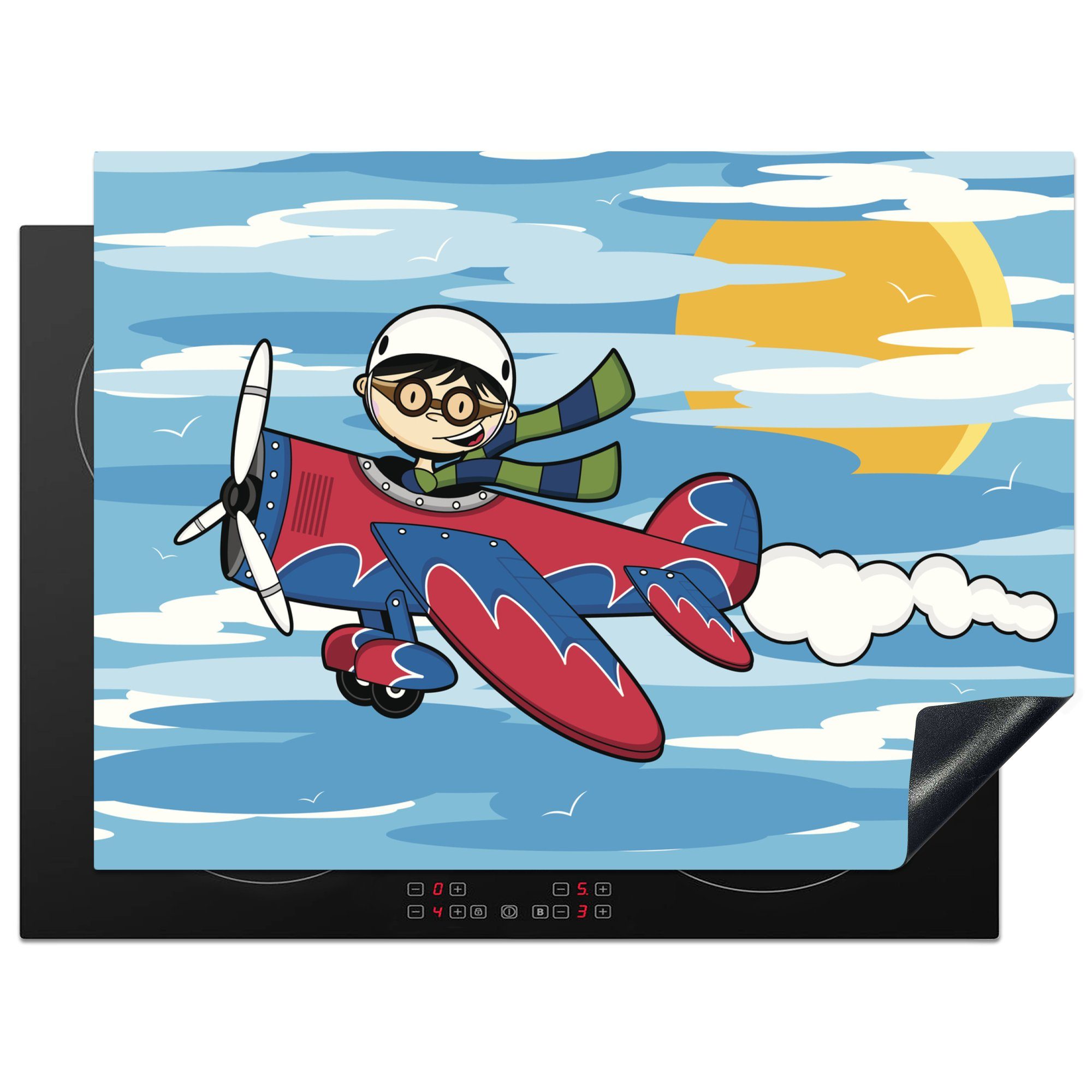 MuchoWow Herdblende-/Abdeckplatte Kindheitsillustration eines Kindes in einem roten und blauen Flugzeug, Vinyl, (1 tlg), 70x52 cm, Mobile Arbeitsfläche nutzbar, Ceranfeldabdeckung