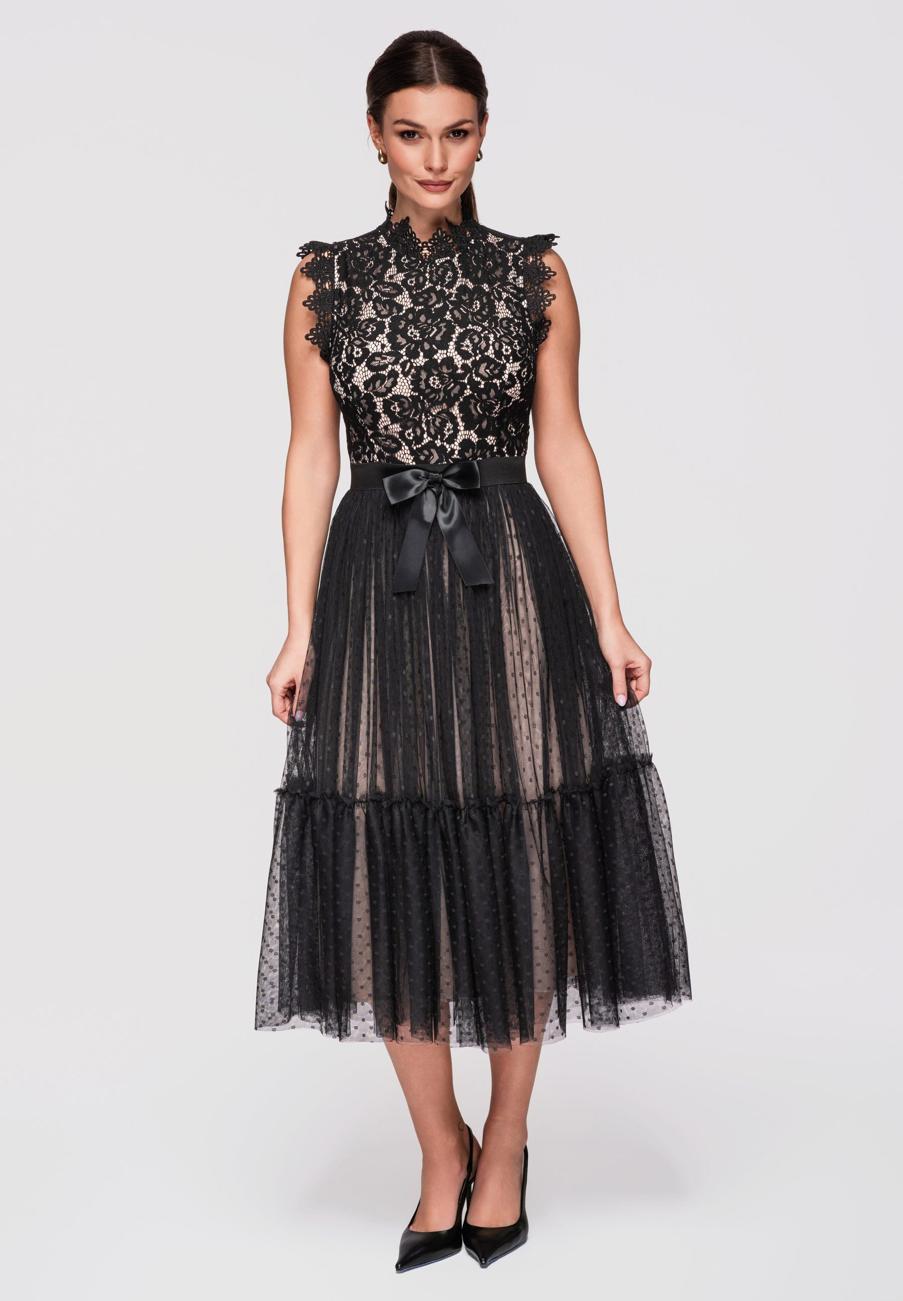 OMBRE Abendkleid Damen Midikleid Spitze A-Linie Cocktailkleid Black/beige L (kein Set, 1-tlg) Koronkowa góra, dół z siatki