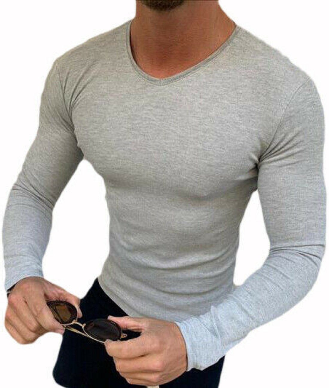 Sweatshirt Pullover Long Basic Unifarben Langarmshirt Sleeve T-Shirt Langarmshirt Longsleeve Herren Hellgrau Langarm cofi1453