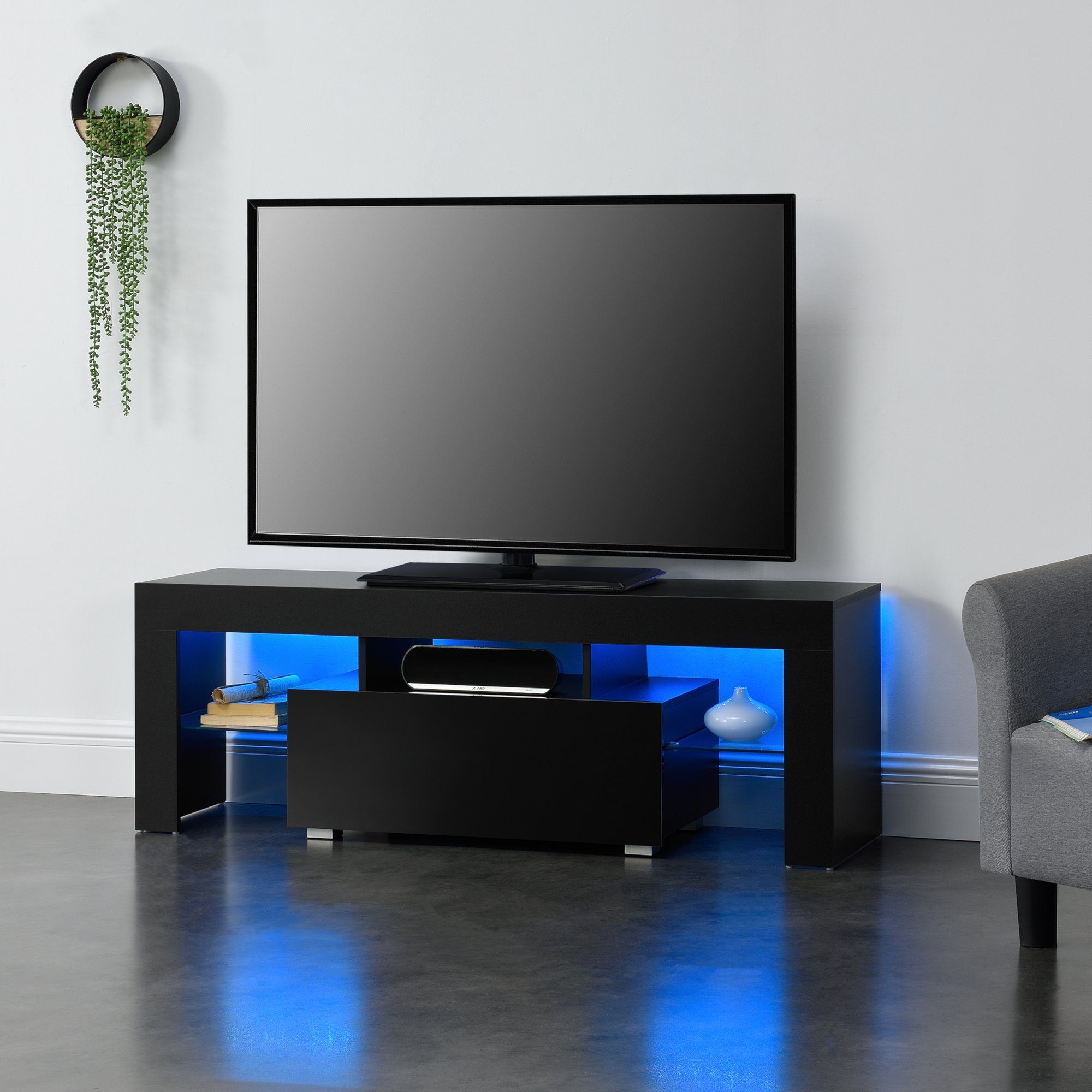LED-TV-Ständer 47 Zoll Schranktisch mit TV Board Moderne TV-Einheit DADEA Lowboard LED weiße Hochglanzfront und weiße Mattplatte Aufbewahrung 16-Farben-LED-RGB-Leuchten Fernsehtisch 
