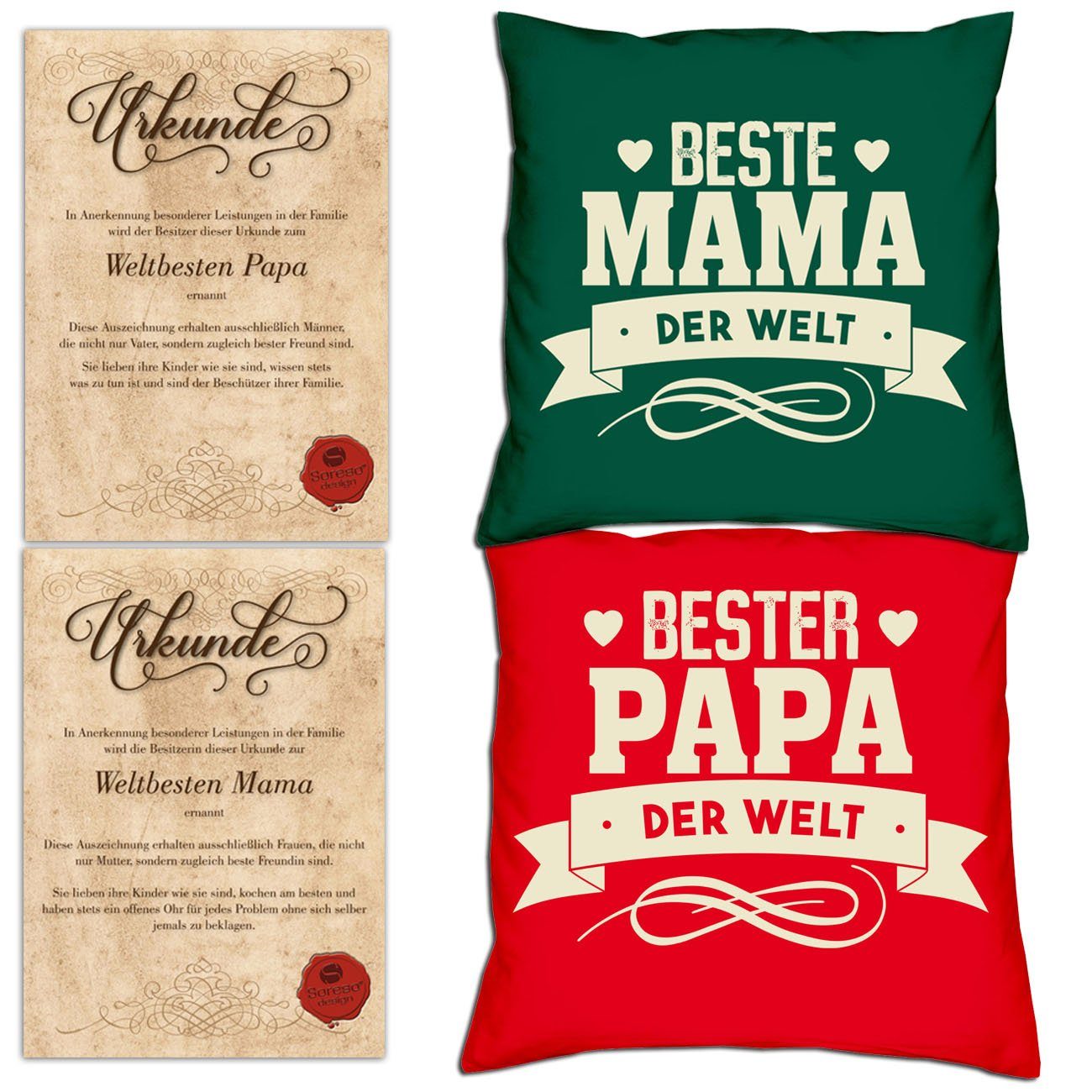 Mama Weihnachtsgeschenk Kissen-Set Urkunden, für mit Dekokissen Papa Soreso® der dunkelgrün der Bester Beste Welt Eltern Welt