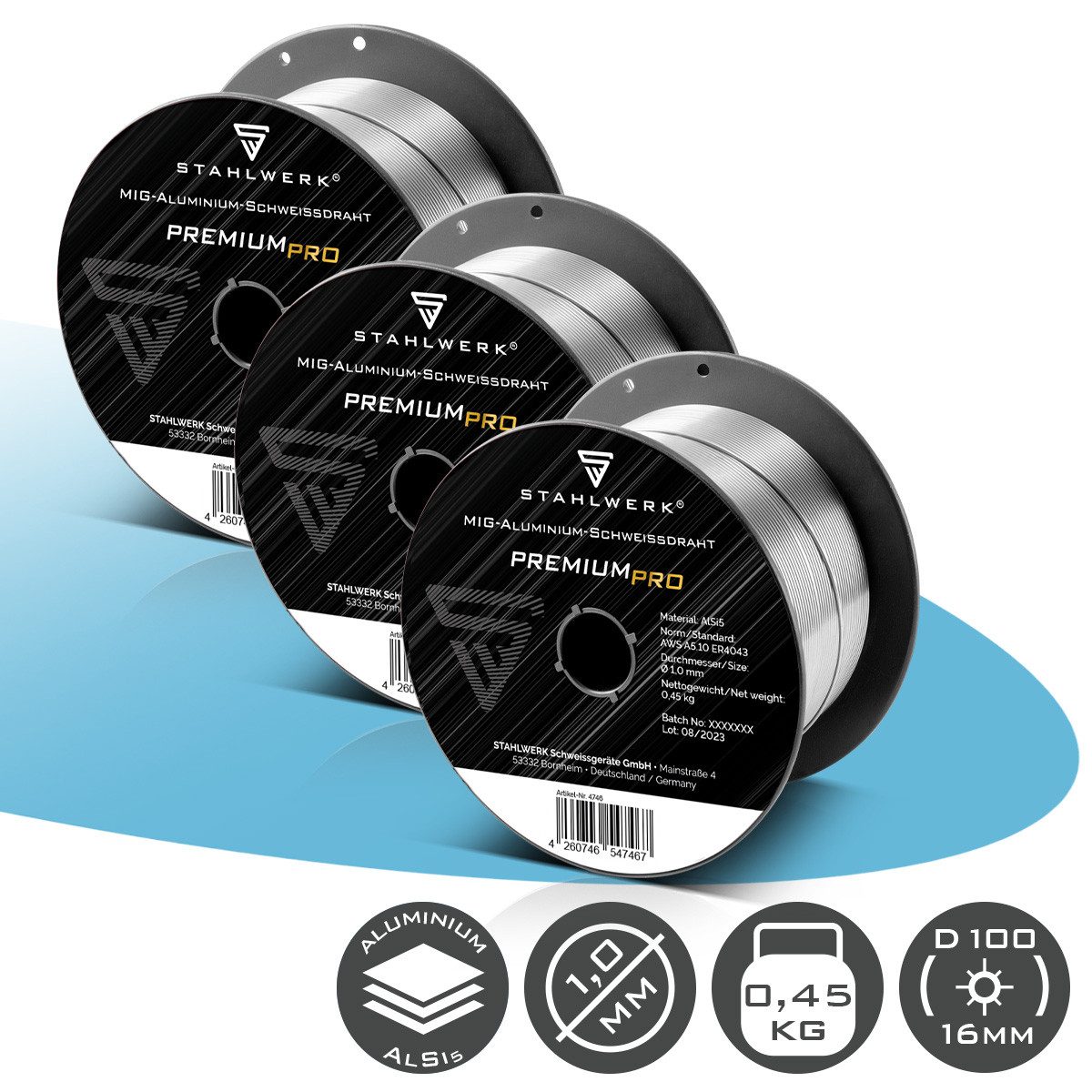 STAHLWERK Schweißdraht 3 x MIG MAG Aluminium Schweißdraht ER4043 (AlSi5), (Packung), hohe chemische Reinheit