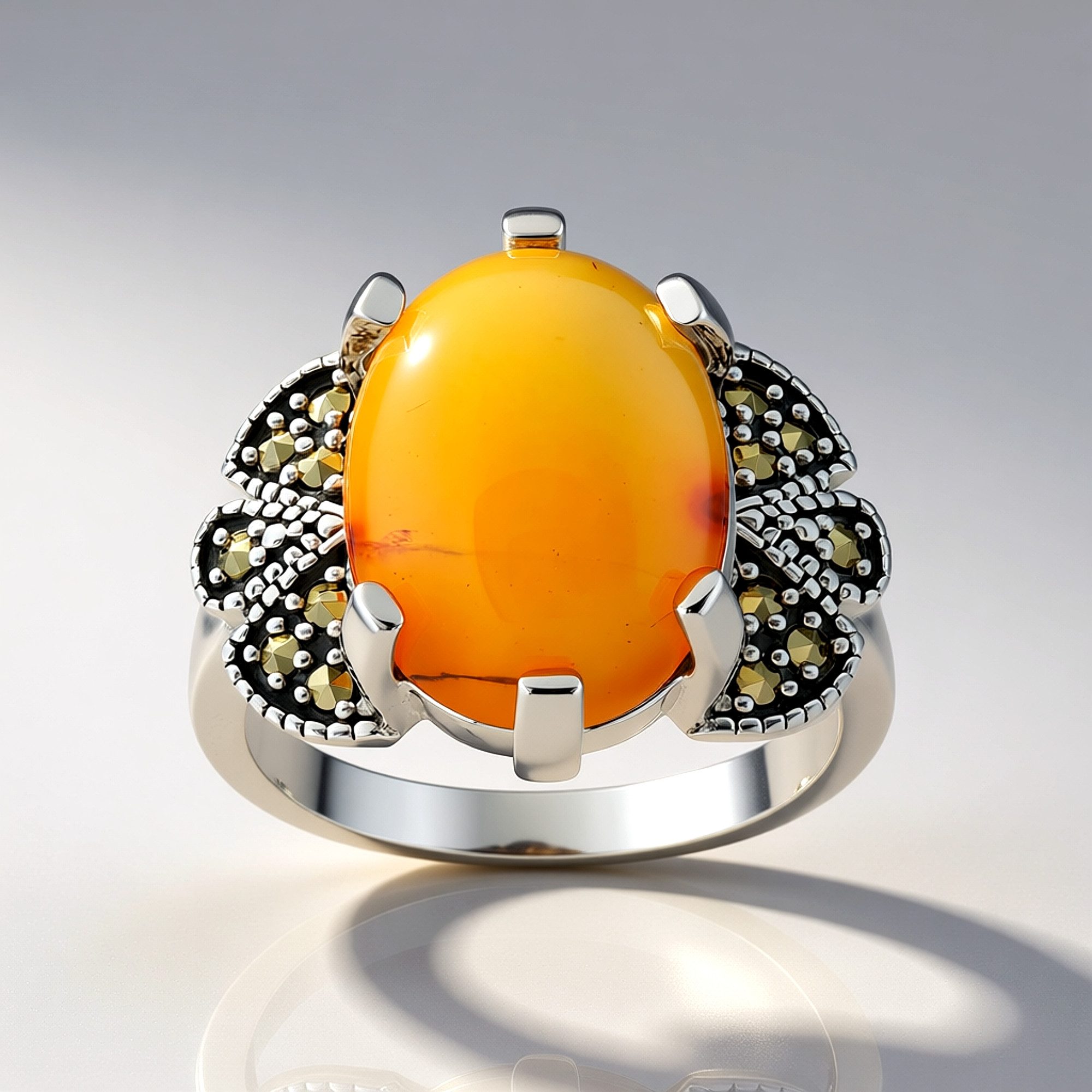 Cavill Silberring Karneol-Silberring 5,44 ct Oval mit Markasit in 925 Sterling Silber (1-tlg)
