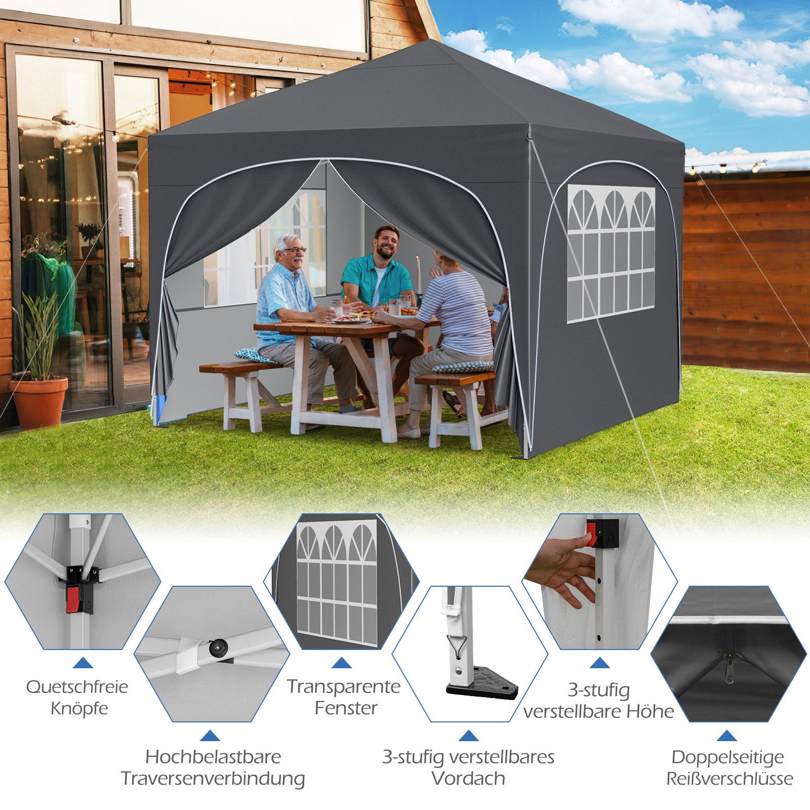 COSTWAY Faltpavillon 3x3x2,86m, Gartenzelt höhenverstellbarer, mit Rolltasche