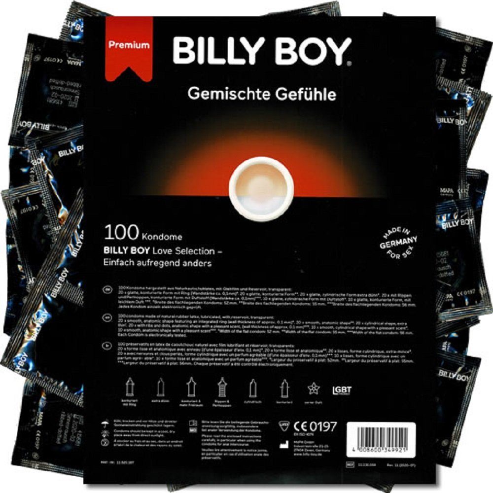Billy Boy Kondome Gemischte Gefühle (6 verschiedene Sorten) Kondome für jede Gefühlslage, Packung mit, 100 St., feuchte Kondome in mittlerer Größe, Kondome im Mix Sortiment, Vorratspackung