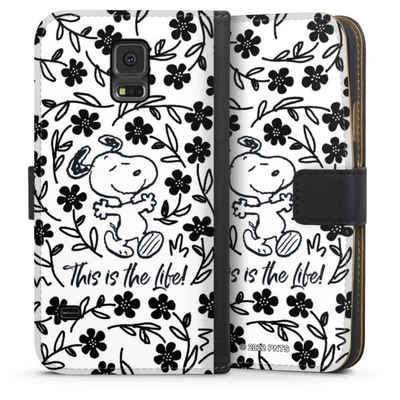 DeinDesign Handyhülle »Peanuts Blumen Snoopy Snoopy Black and White This Is The Life«, Samsung Galaxy S5 Hülle Handy Flip Case Wallet Cover Handytasche Leder