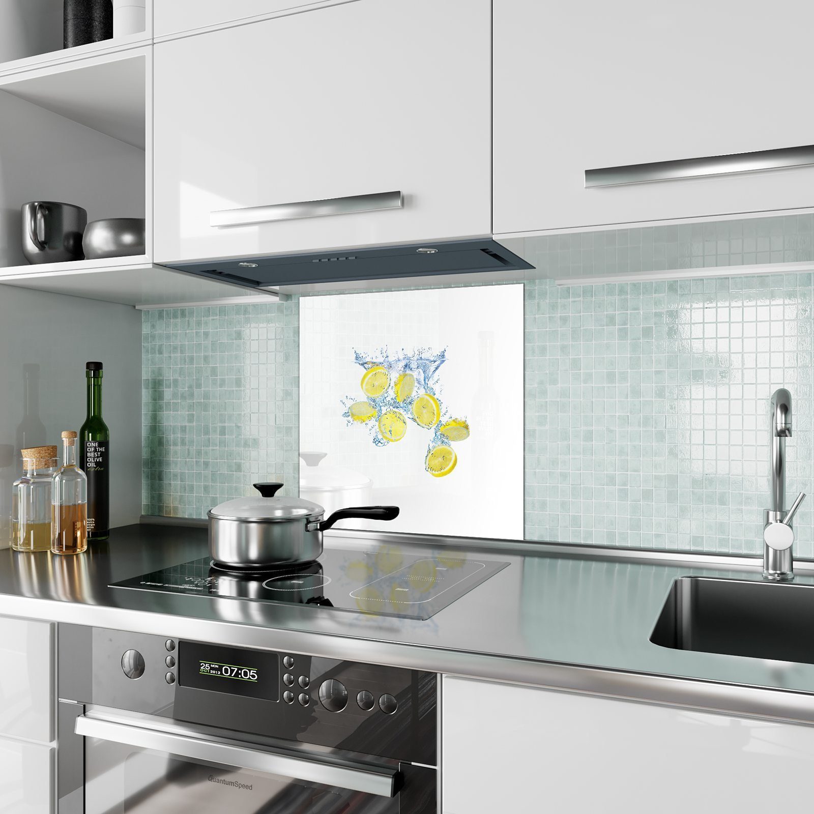 Primedeco Küchenrückwand Küchenrückwand Spritzschutz Glas mit Motiv auf Wasser Zitronen