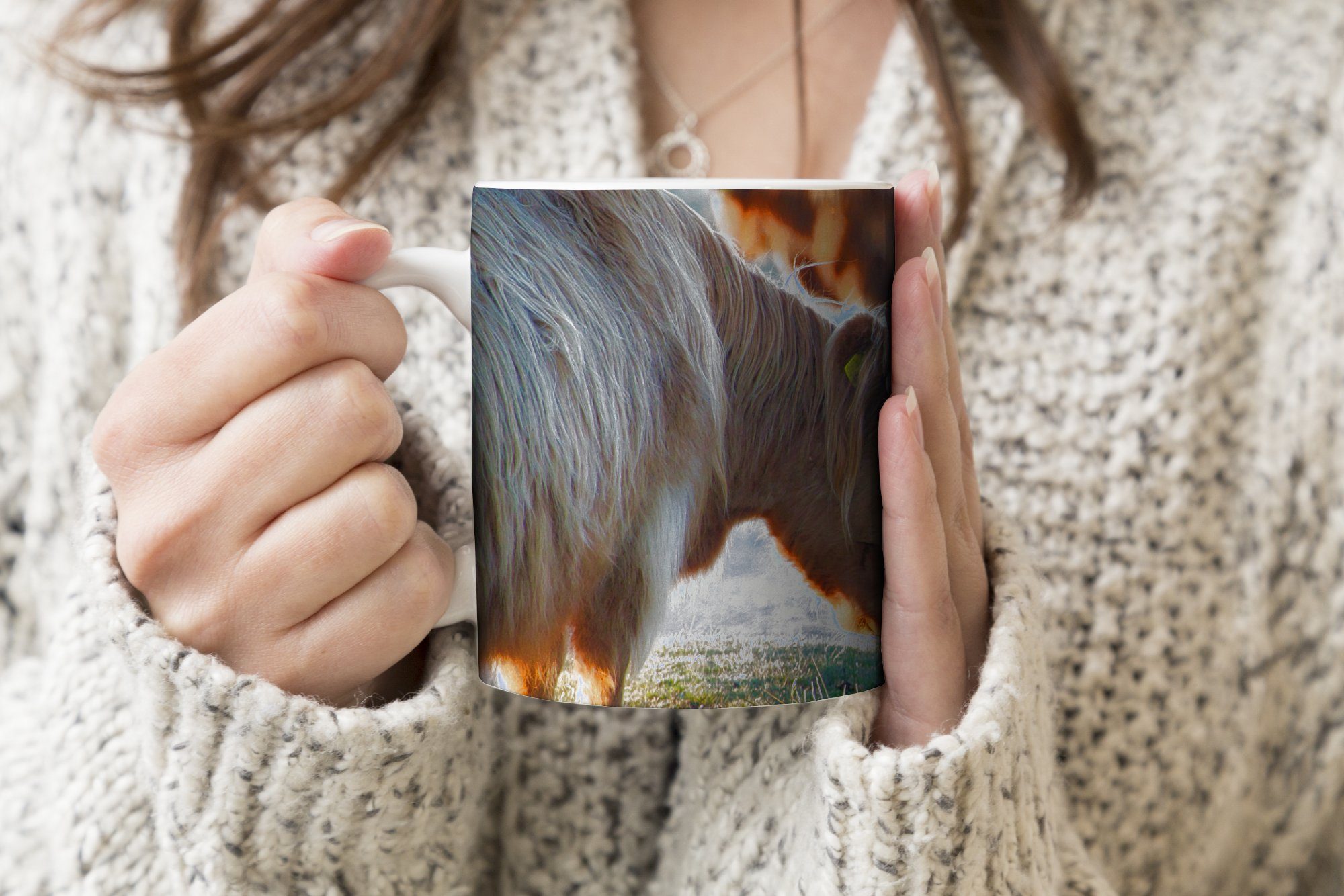 Teetasse, MuchoWow Schottische - Tasse Teetasse, Becher, Tiere Sonne, - Kaffeetassen, Keramik, Highlander Geschenk