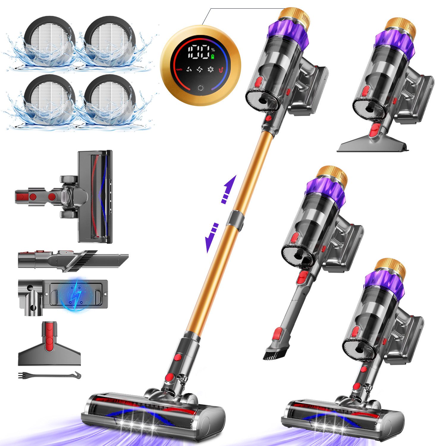 Hiazurm Akku-Hand-und Stielstaubsauger Akku Staubsauger, Staubsauger Kabellos 80000Pa/70Min/1,8L, Vielseitiger Akkusauger für Teppich, Hartboden, Tierhaare, HEPA*4, Akkustaubsauger LED-Licht Bürste für Teppiche, Mit LED Display