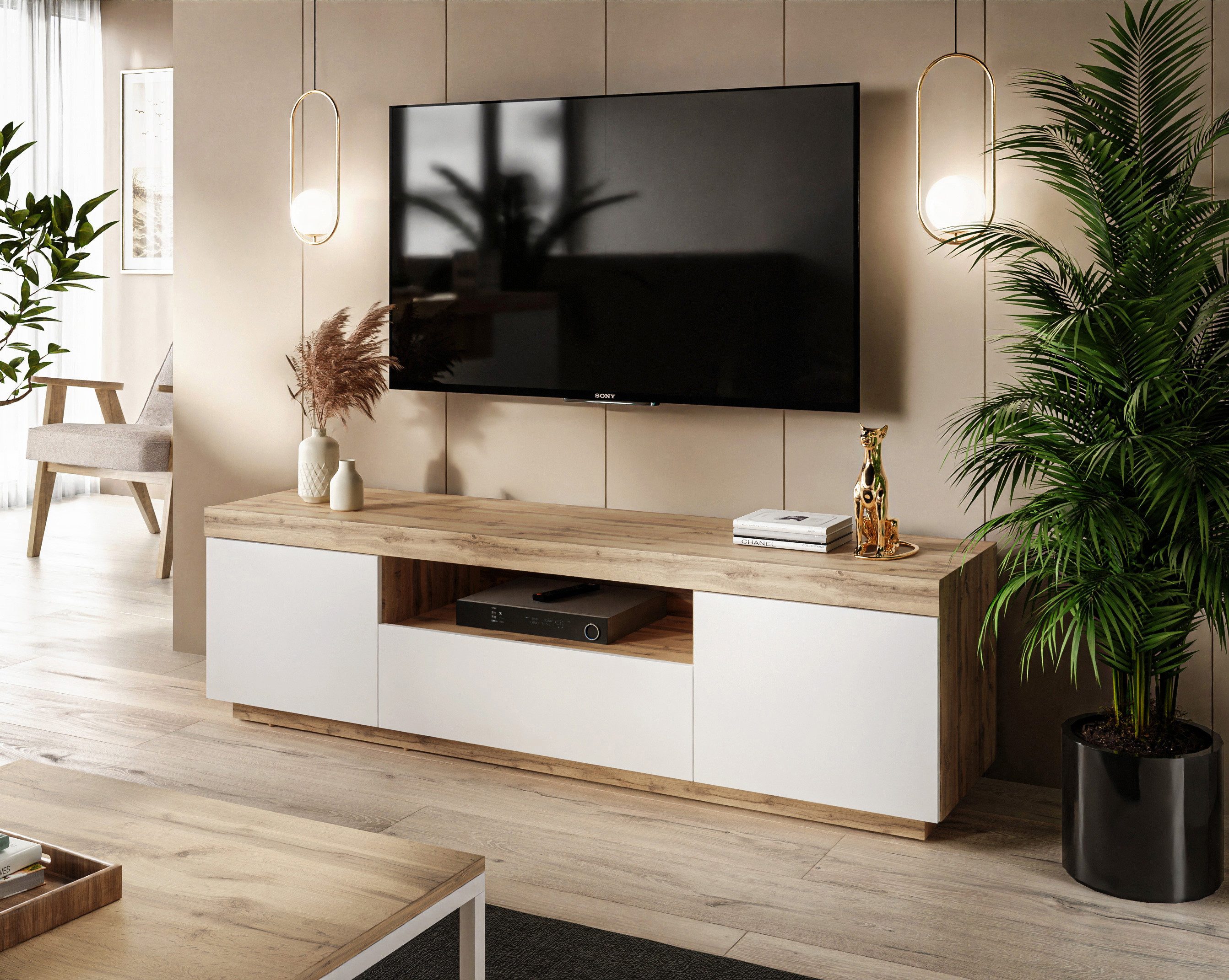 Lookway TV-Schrank YOSHI auf Sockel und Schublade im Industrial Design Brei günstig online kaufen