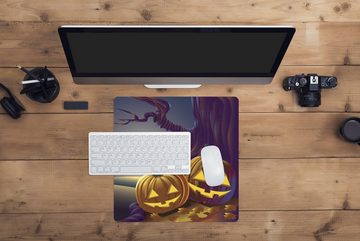 MuchoWow Gaming Mauspad Zwei Kürbisse in einer Halloween-Nacht in einer Illustration (1-St), Mousepad mit Rutschfester Unterseite, Gaming, 40x40 cm, XXL, Großes