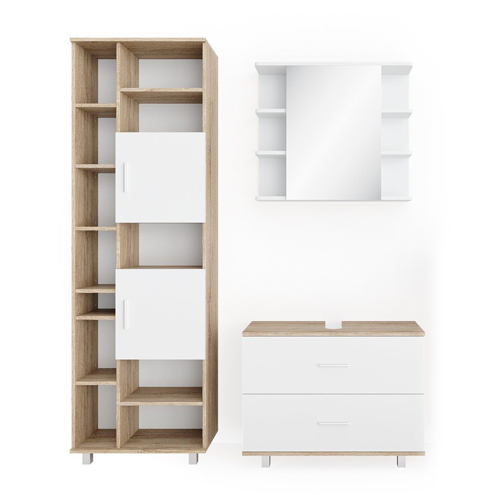 Badmöbel-Set Ilias, Weiß/Sonoma, 3 Teile, mit Unterschrank 80 cm