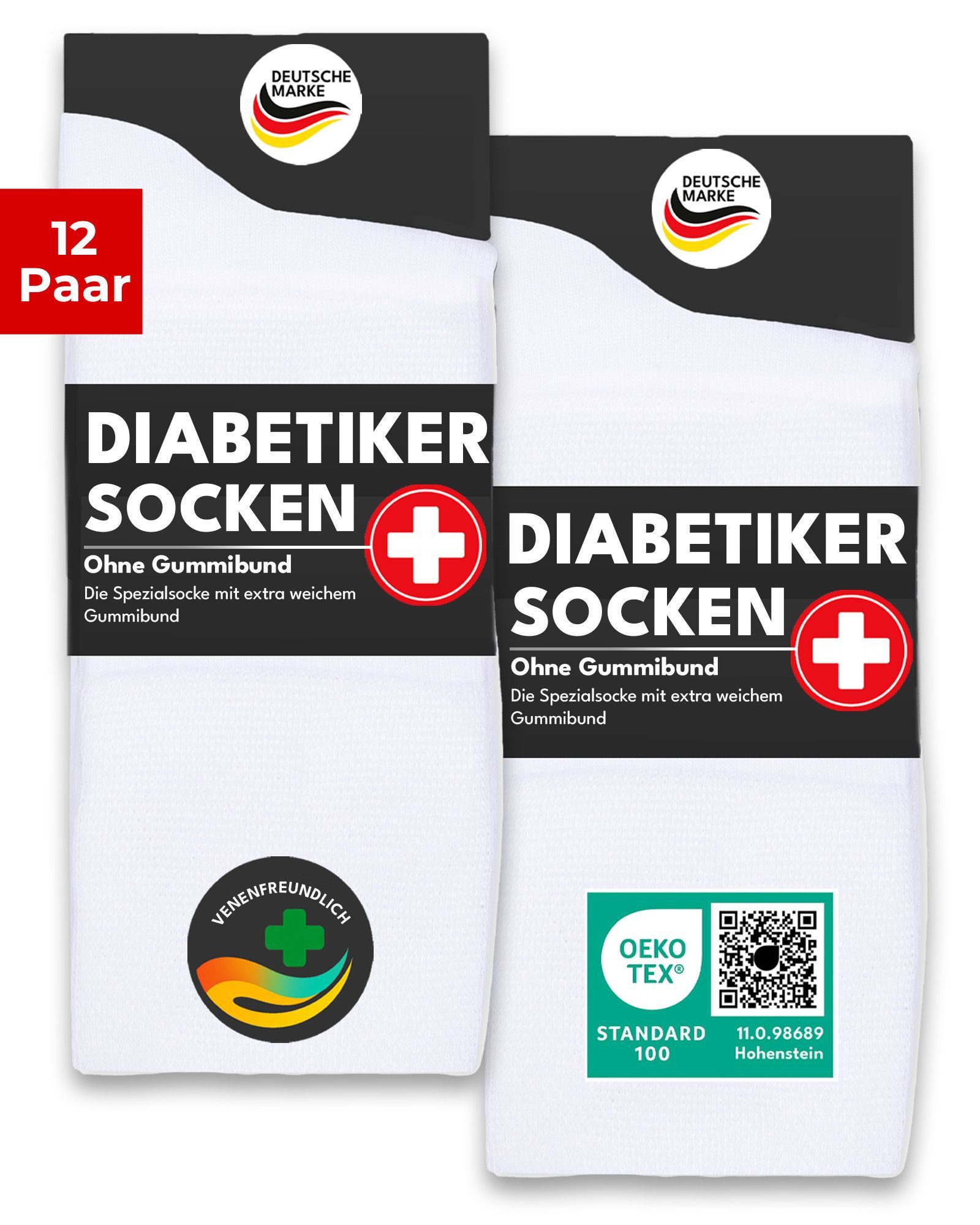 sockenkauf24 Diabetikersocken ohne Gummibund 97% Baumwolle mit Komfortbund ohne Naht (12-Paar) Diabetiker Socken ohne Gummi für Damen & Herren