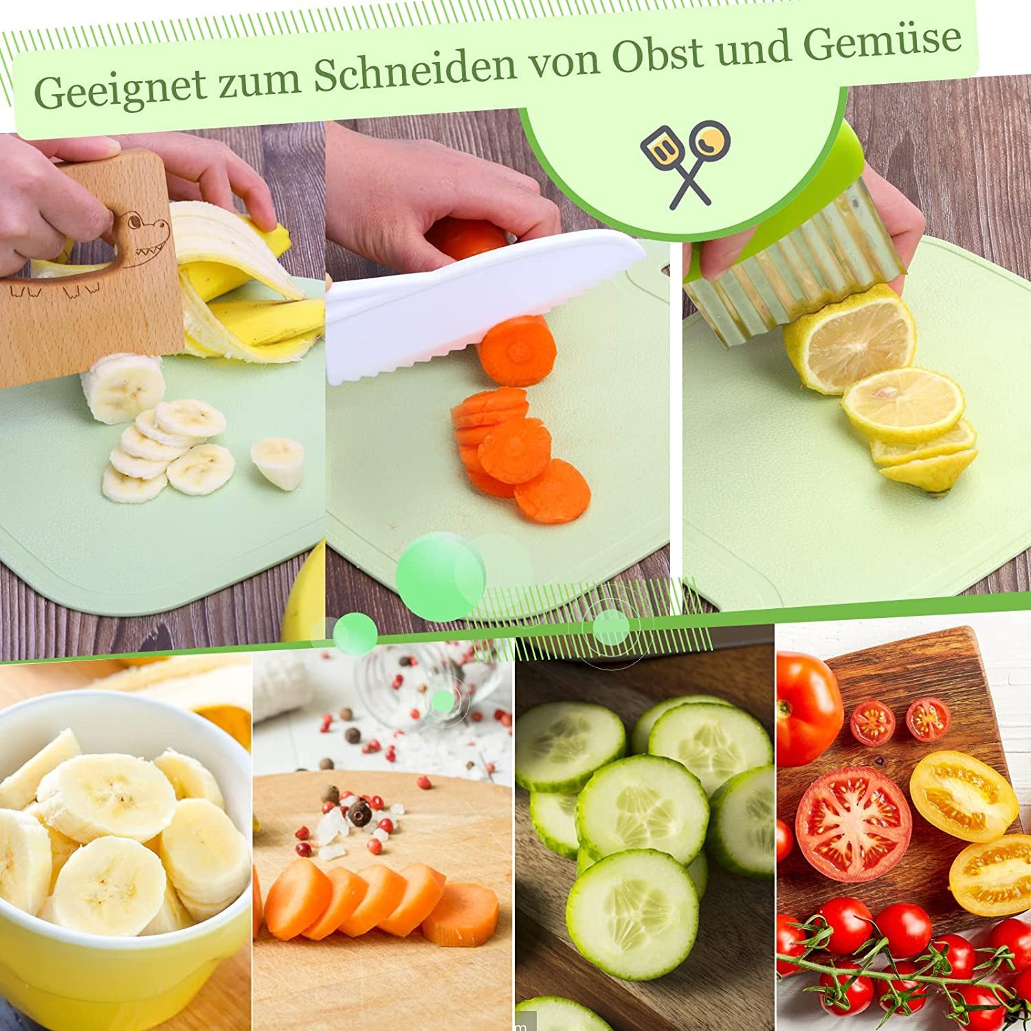 TUWENA Kinderkochmesser Kinder Küchenmesser-Set mit Holzmesser, Schneidebrett und Schäler