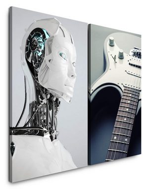 Sinus Art Leinwandbild 2 Bilder je 60x90cm Elektro Musik Roboter Cyborg KI E-Gitarre Technik