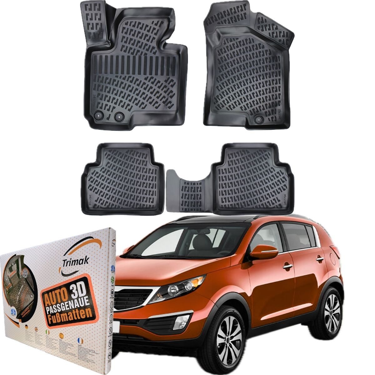 Trimak Passform-Fußmatten Kofferraumwanne Set kompatibel mit Kia Sportage, Kia Sportage 3. Gen. 2010-2015 Gummimatten Auto TPE Allwetter