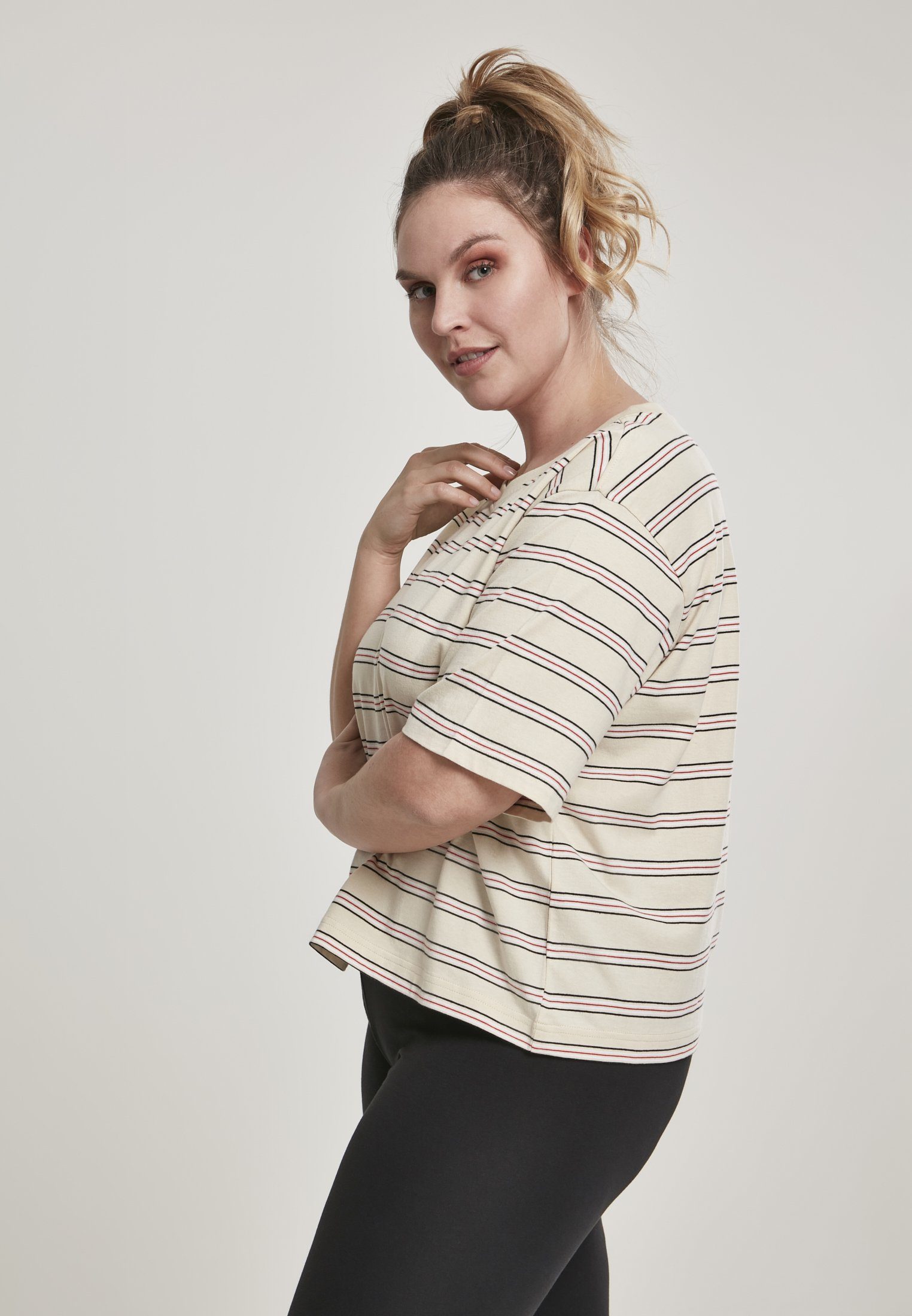 URBAN CLASSICS Kurzarmshirt Damen Ladies Multicolor (1-tlg) Short Stripe Tee sand/black/white/firered