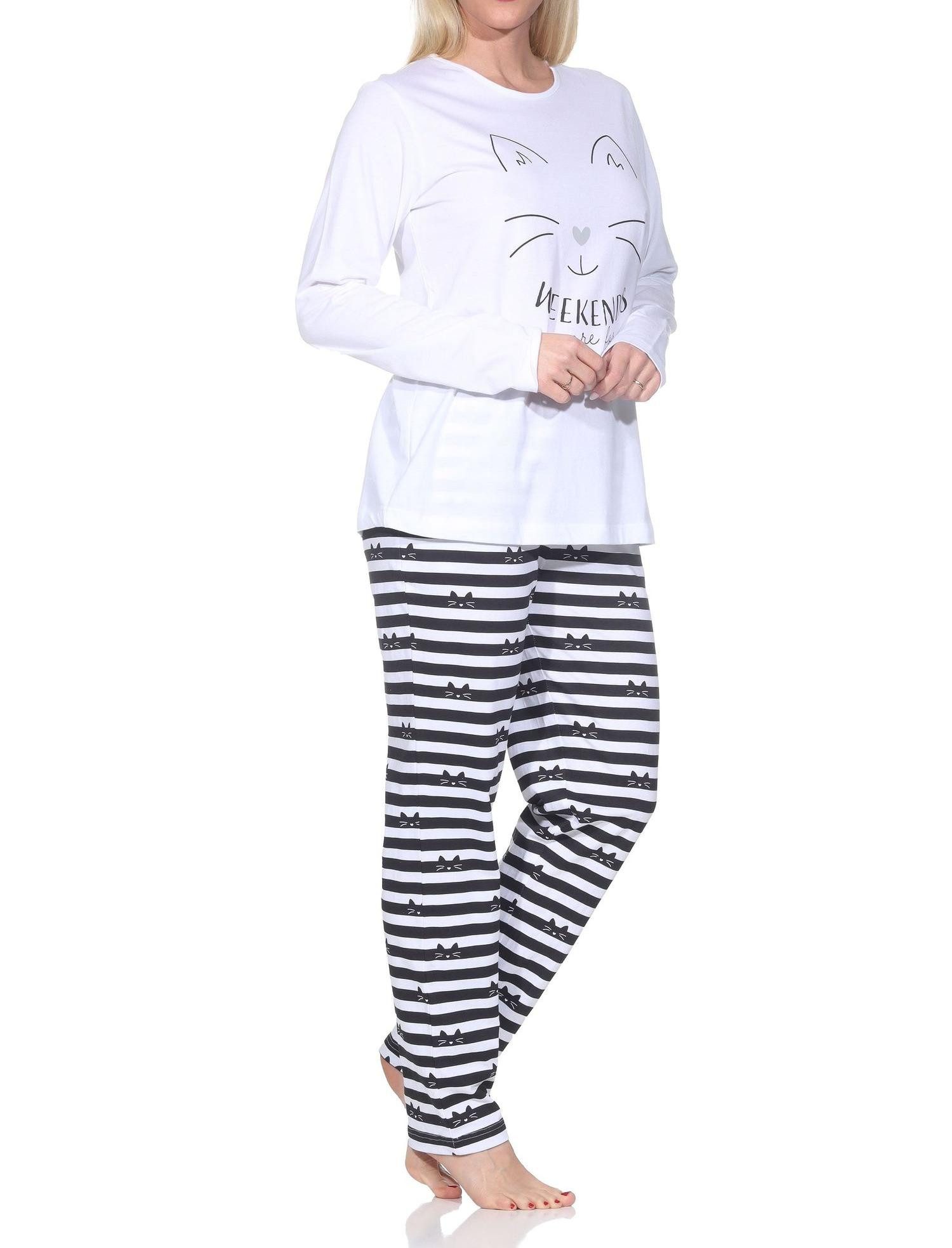 Normann Pyjama Normann Damen langarm Schlafanzug in Katzen Optik – auch in Übergröße