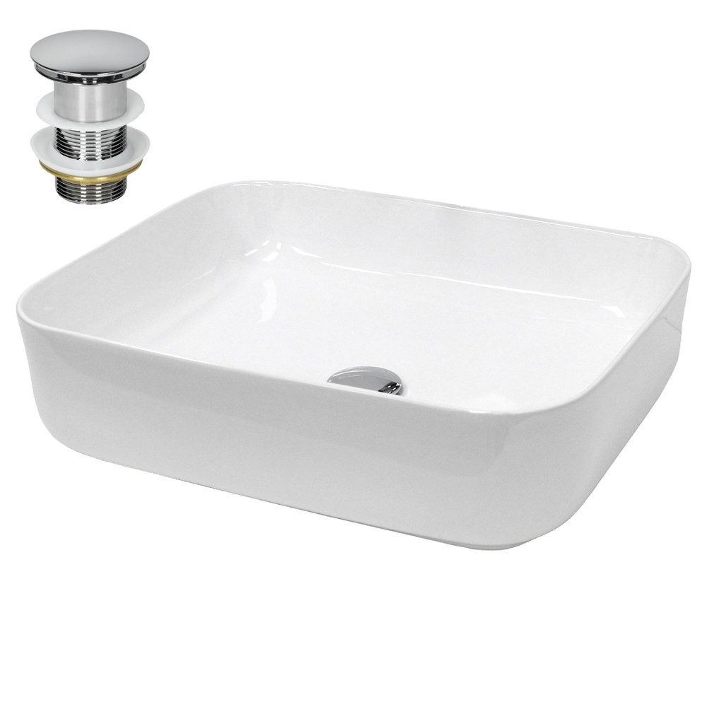 LuxeBath Waschbecken Aufsatzwaschbecken aus Keramik Handwaschbecken Wasserfall Waschtisch, Aufsatzwaschtisch Weiß inkl. Ablaufgarnitur ohne Überlauf Waschschale