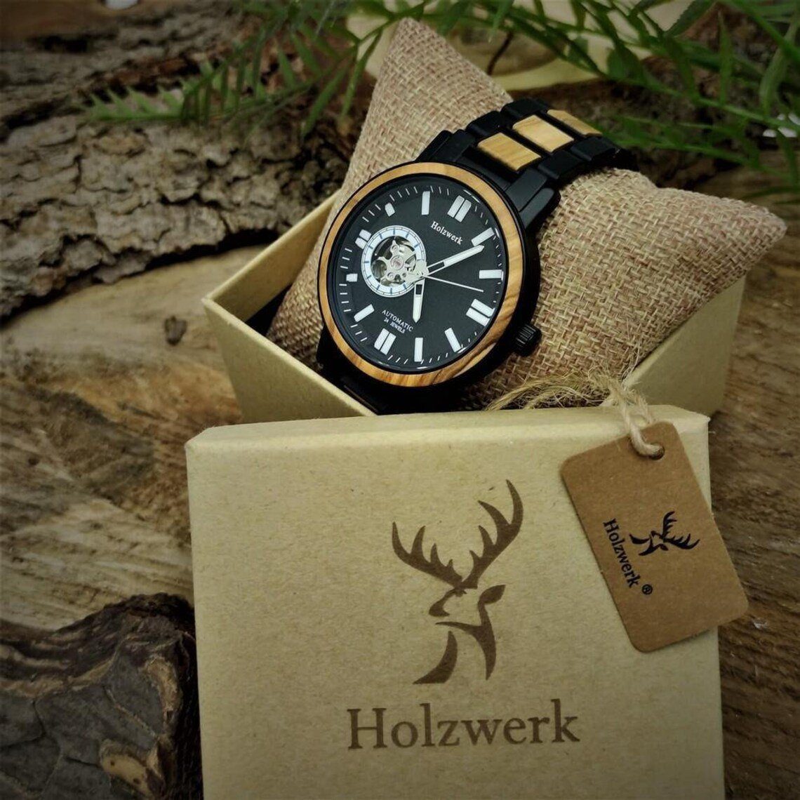 schwarz, Herren Uhr Armband Edelstahl Automatikuhr & beige, Holz weiß Holzwerk DORNBURG in