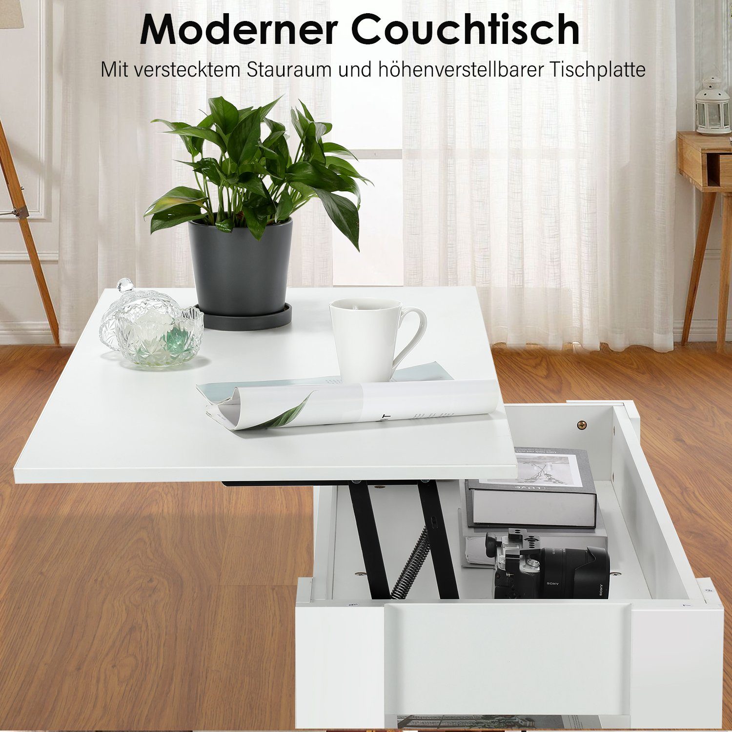oyajia Couchtisch Couchtisch mit höhenverstellbarer Platte 100cm, Ausziehbarer Sofatisch, Modern Weiß Kaffeetisch für Studie, Büro, Wohnzimmertisch, Empfangraum – Bild 3 von 5
