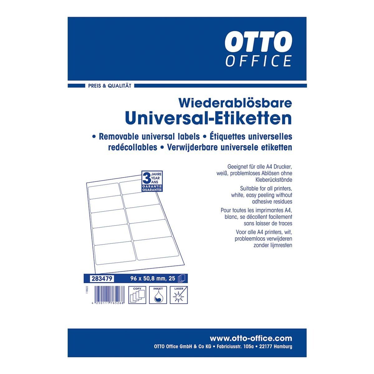 Otto Office Etiketten Standard, 250 Stück, 96x50,8 mm, hochweiß, selbstklebend/ wiederablösbar