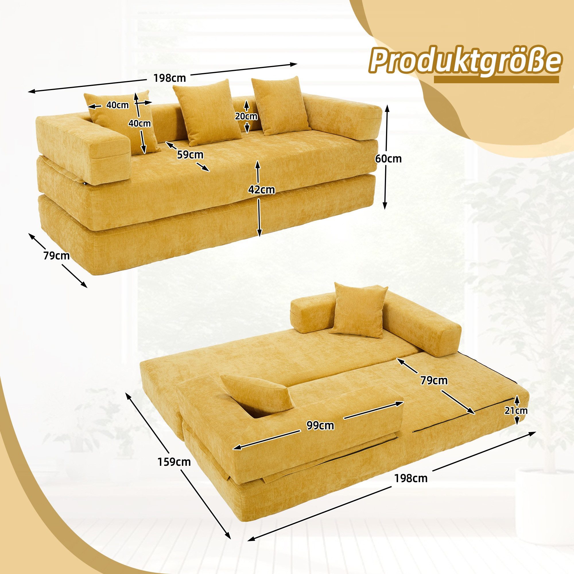 LVHOM Loungesofa 3 Sitzer Sofa mit Schlaffunktion, Formveränderung, mit Seitentaschen, Rutschfeste Unterseite, zwei Kissen verbunden mit Reißverschluss, modular frei kombinierbar (mit festen Armlehnen) für Sofa/Liege/Spielzentrum. Premium Chenille (superweich). Schaumstoff-Füllung (schnelle Rückfederung). Tiefe Sitzfläche (Komfort), in Wohnzimmer,Kinderzimmer, Homeoffice, Leseecke, Spielzimmer