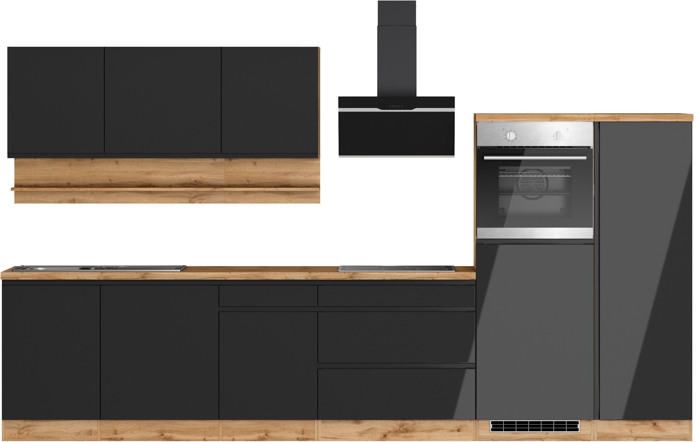 KOCHSTATION Küchenzeile KS-Virginia,neu in verbesserter Ausführung, Breite 350 cm,Soft-Close, mit Glaskeramik-oder Induktionskochfeld