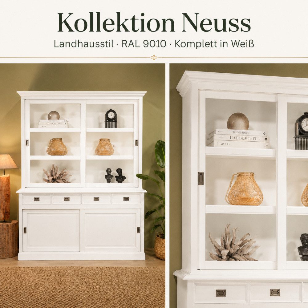 Wohnpalast Vitrine Vitrinen Schrank Neuss weiß 200 cm im Landhaus Stil