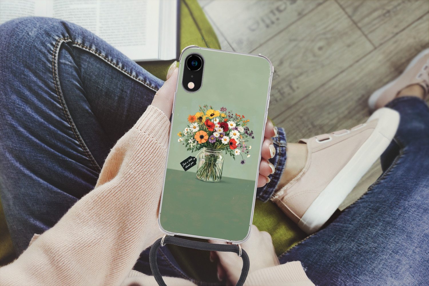 MuchoWow Handyhülle für Apple iPhone XR Blumen - Vase - Karte, Tragbare Handyhüllen mit Kette zum umhängen, Handykette Handyband