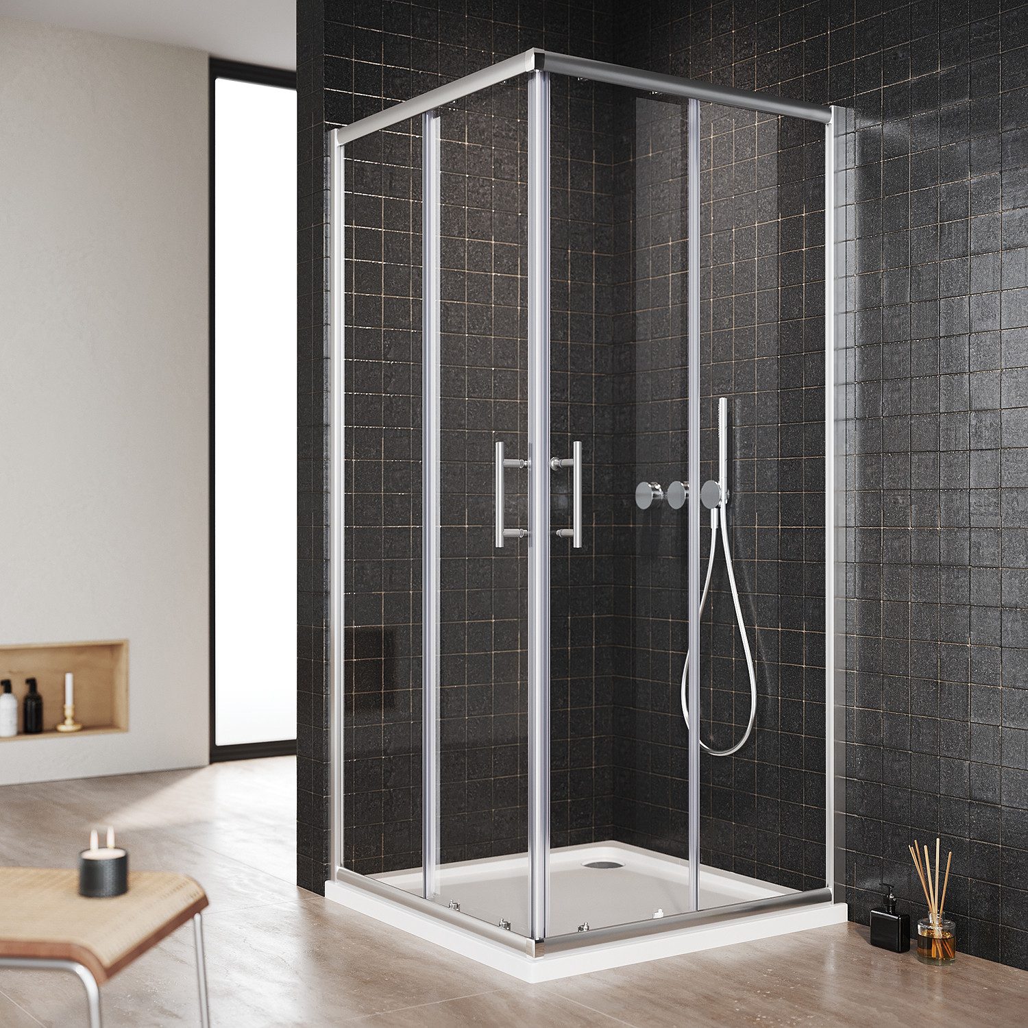 SONNI Eckdusche SONNI Duschkabine 80x80cm Eckeinstieg Duschabtrennung, BxT: 80x80 cm, Duschwand mit Doppel Schiebetür rollen,5mm Sicherheitsglas
