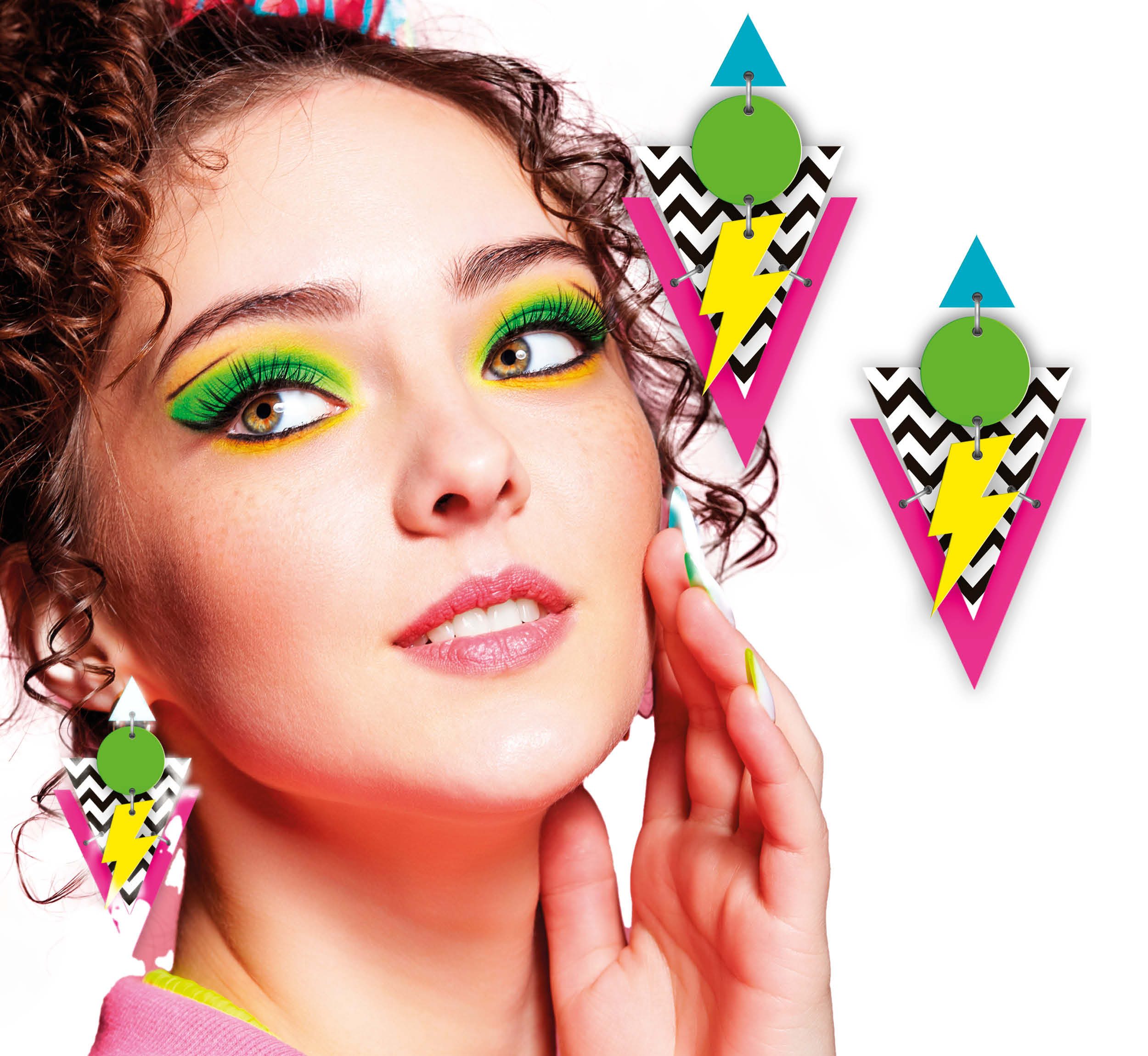 Fiestas Guirca Kostüm, 80s Ohrschmuck Blitzmuster Neonfarben Karneval Vintage Retro Fashion A