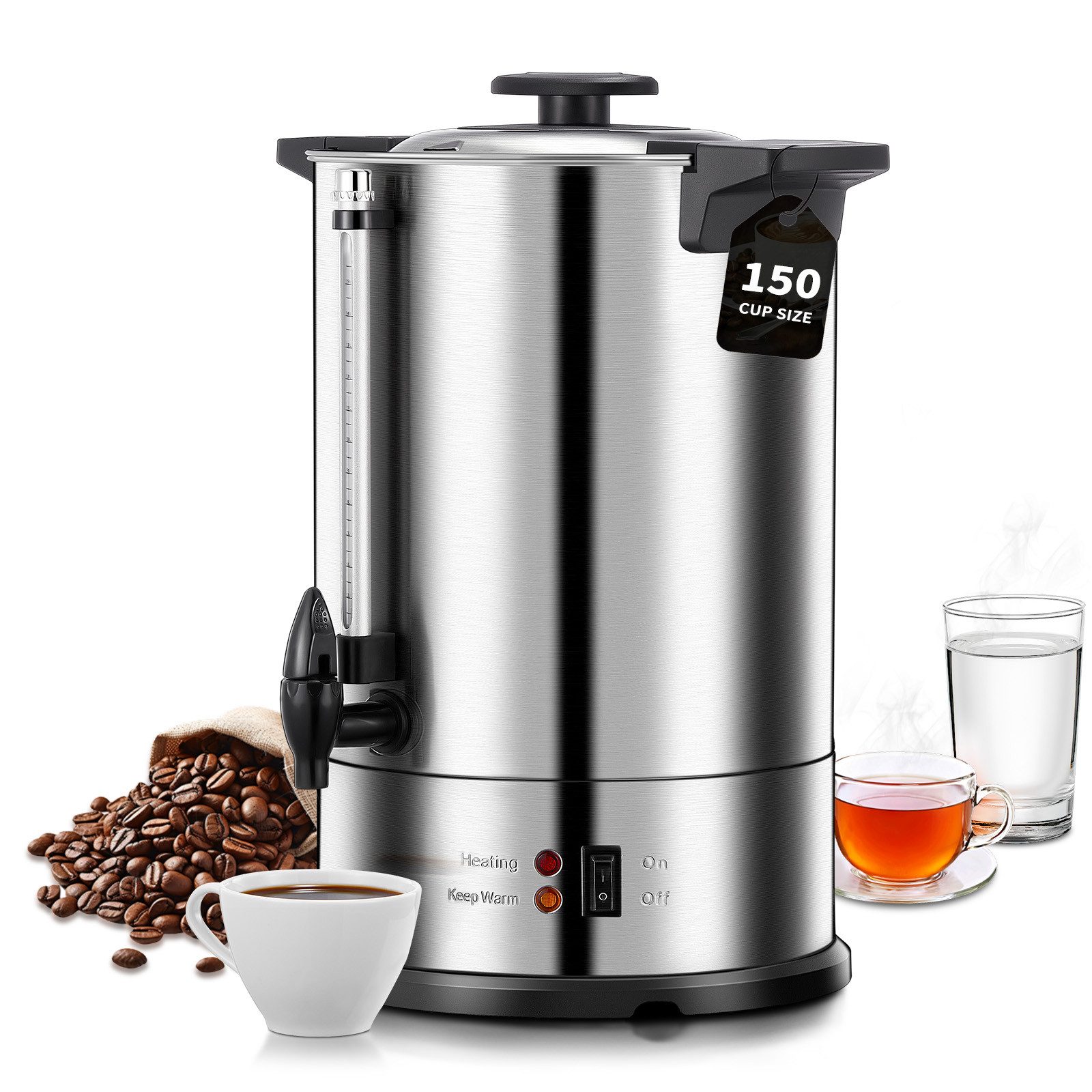 FOHERE Filterkaffeemaschine 1500W Kaffeemaschine, 15L Kaffeewasserspender, 15l Kaffeekanne, Edelstahlfilter, Brüh- und Warmhaltefunktion, Zapfhahn, 150 Tassen/Stunde