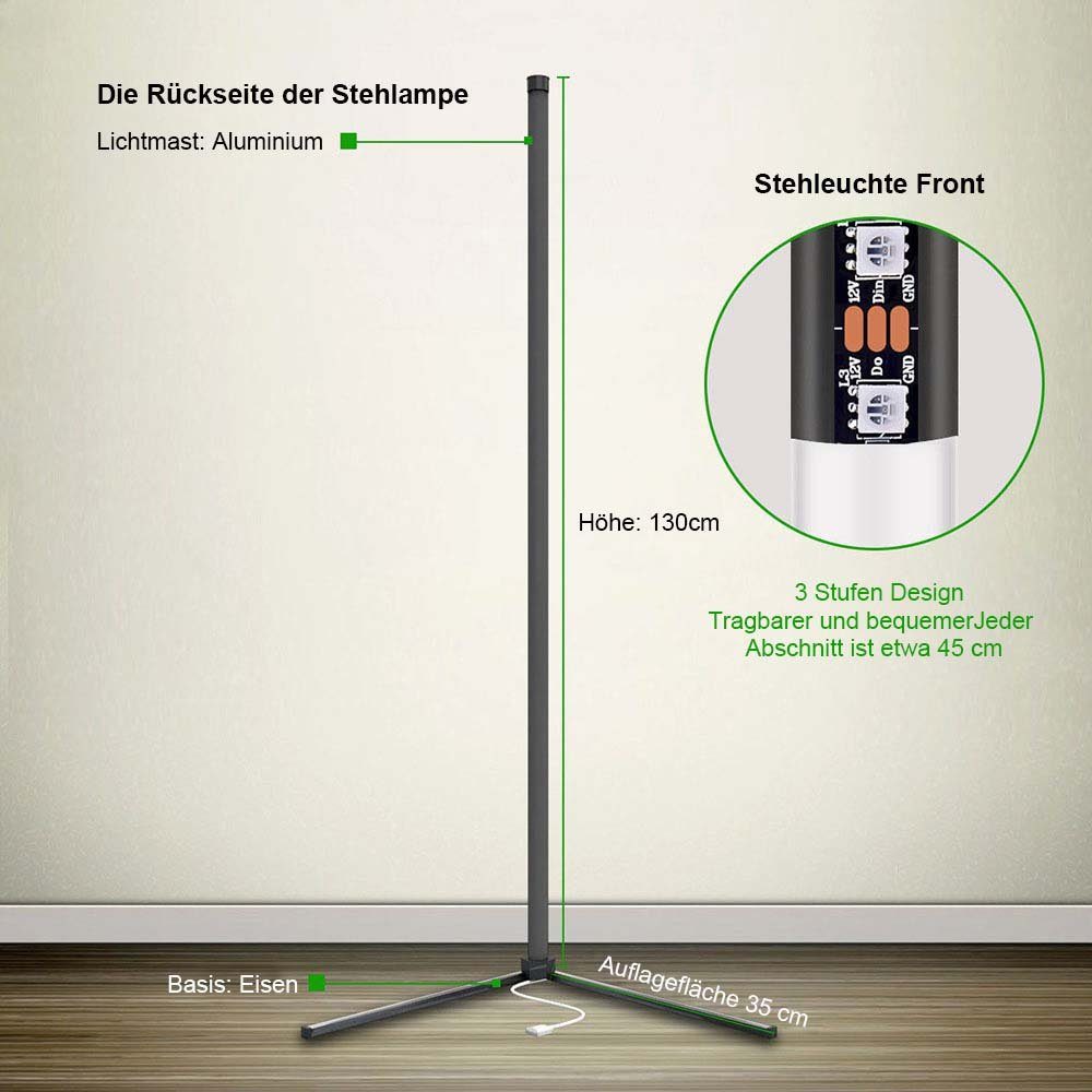 Rosnek Stehlampe RGB, dimmbar, Musiksyn, für Wohnzimmer Schlafzimmer Party, RGB, App/Fernbedienung