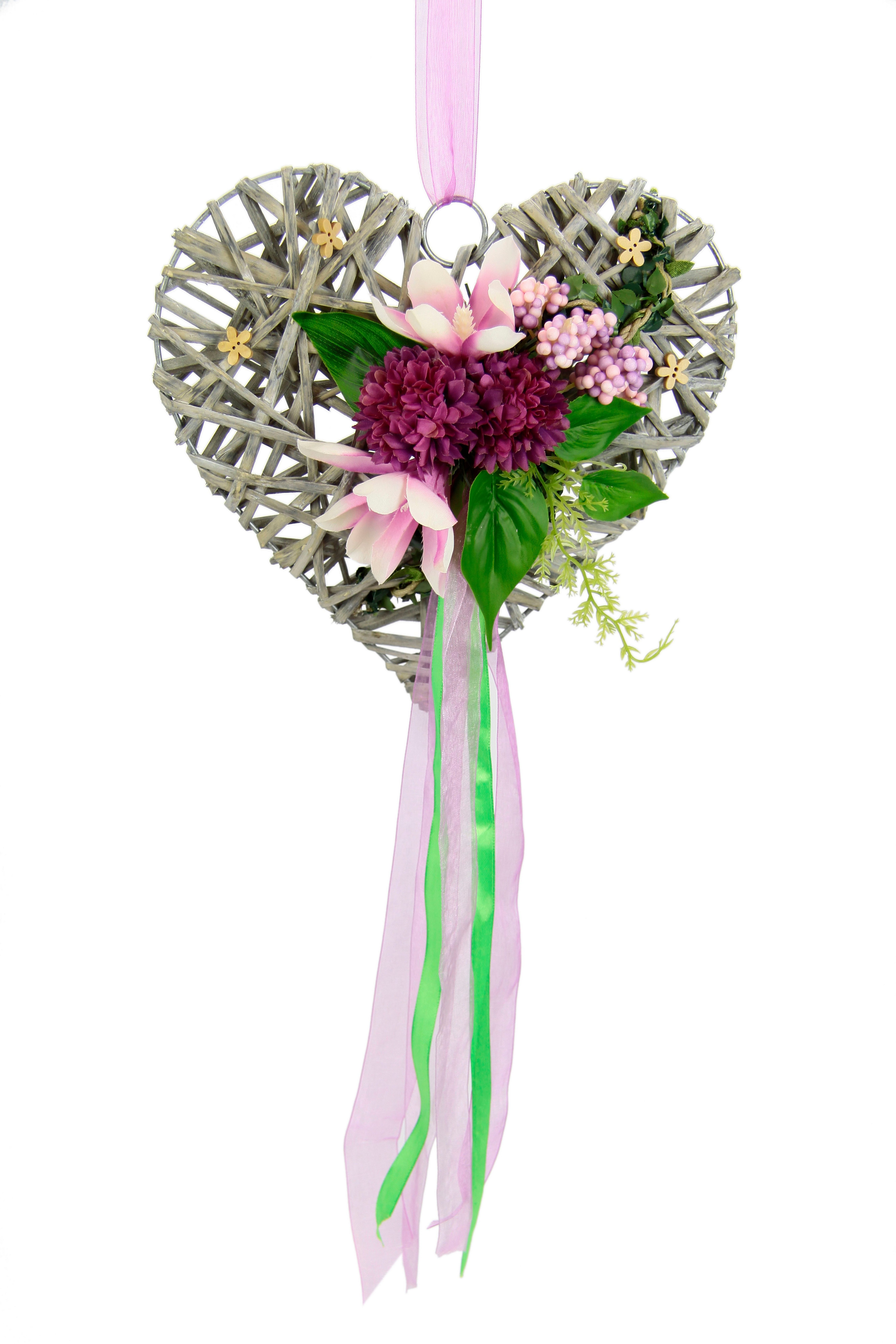 Kunstkranz Herz aus Holz mit künstlichen Magnolien Beeren und Schleife zum günstig online kaufen