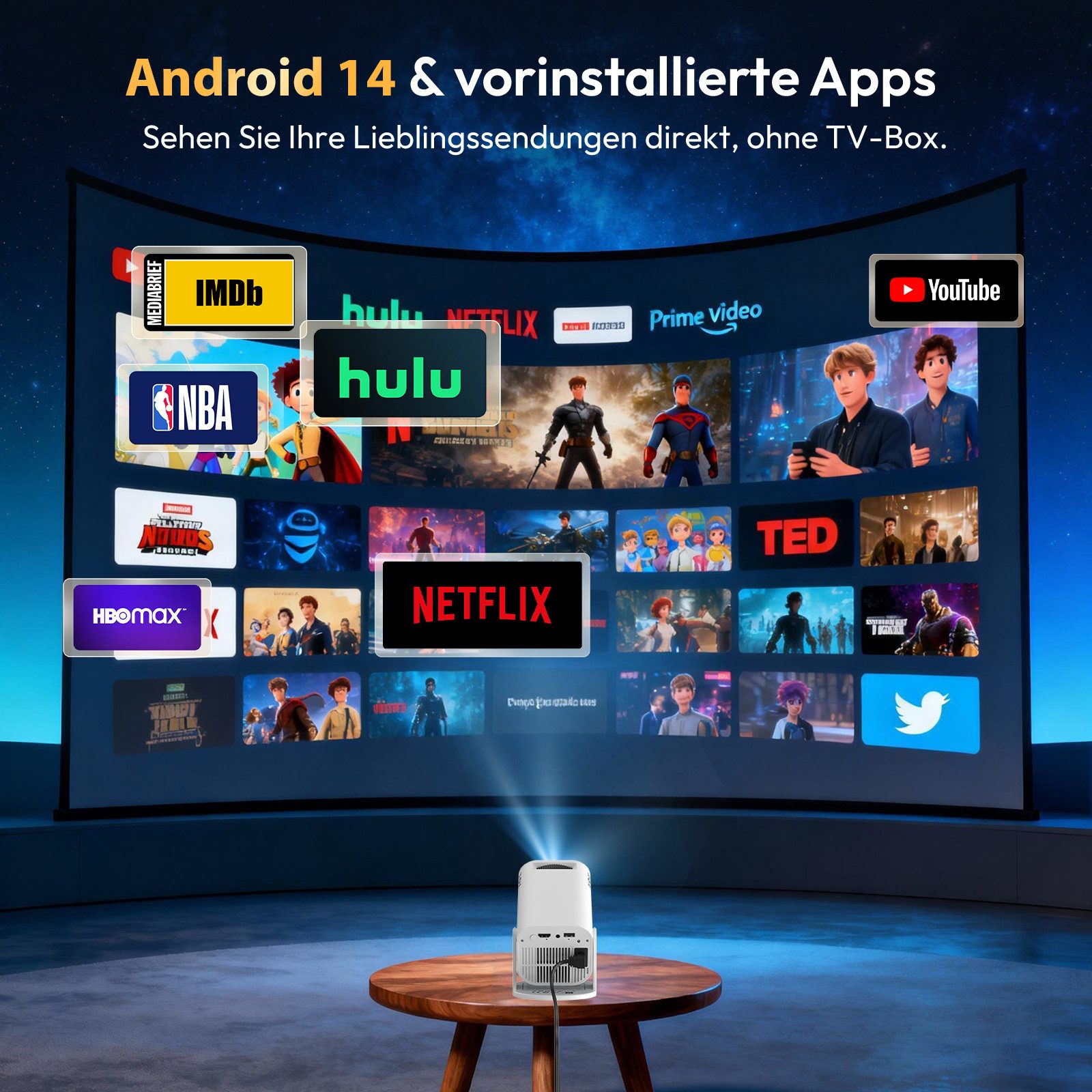 XGODY Tragbarer Projektor Unterstützt 4K 1080P, Integrierte APP Android 14 Mini-Beamer (260 lm, 8000:1, 3840 x 2160 px, Mini Projektor mit Automatische Trapezko – Bild 4 von 5