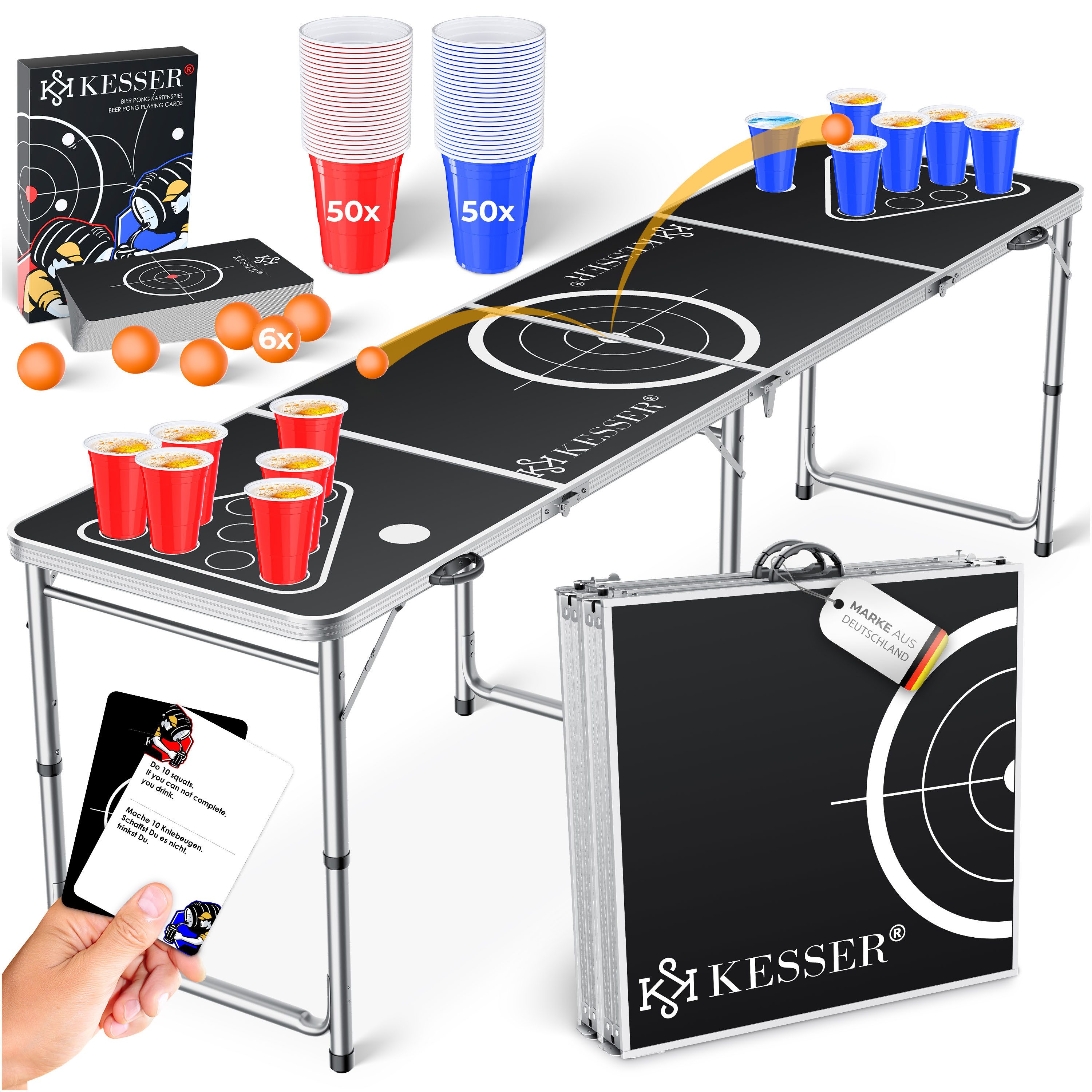 KESSER Spieltisch Bier Pong Tisch, Spiel-Set mit Kartenspiel, 100 Becher & 6 Bälle, Beer Pong Trinkspiel, höhenverstellbar & klappbar, In & Outdoor-fähig