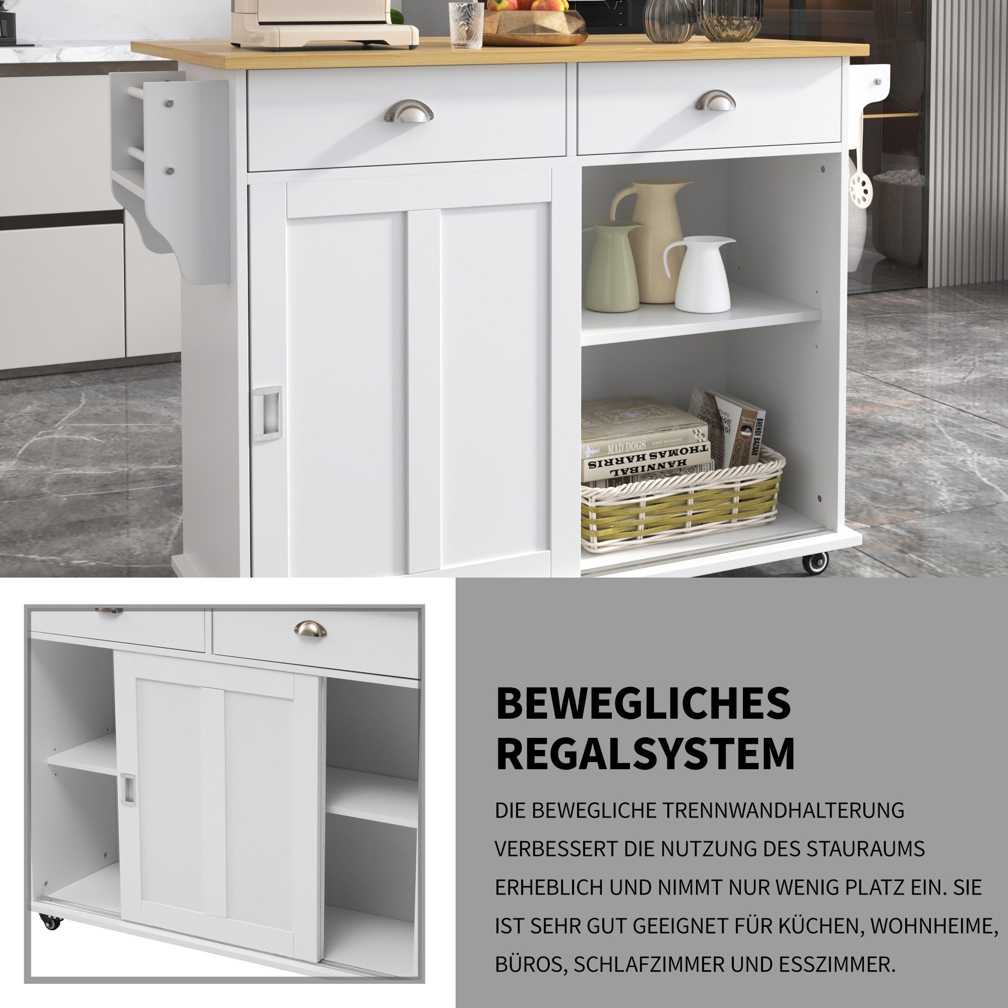Odikalo Anrichte Esszimmerwagen klappbare Arbeitsplatte austauschbaren Massivholzfüßen