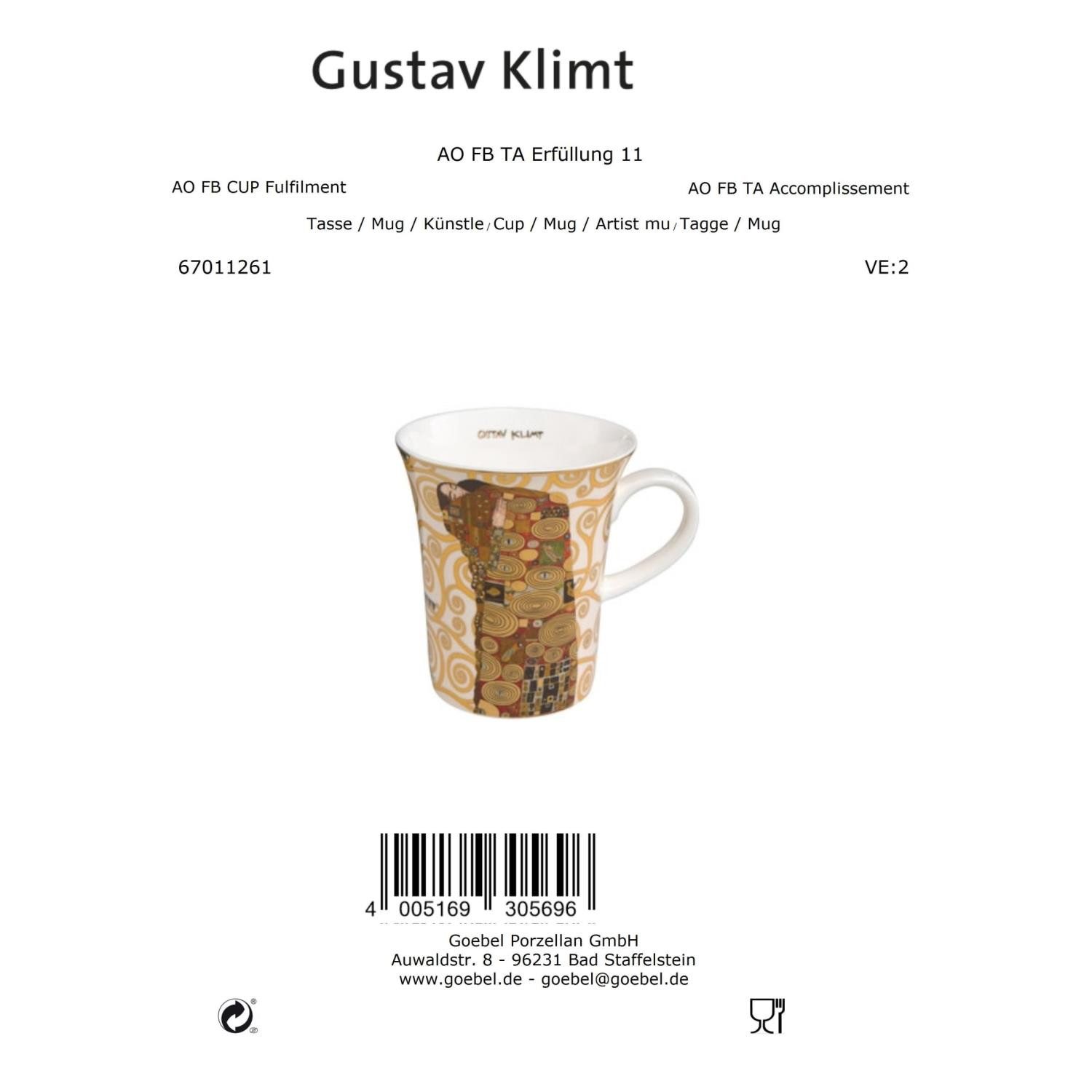 Goebel Tasse Gustav Klimt, Porzellan, Echtgolddekor, Gold, Die Erfüllung, H: 11cm