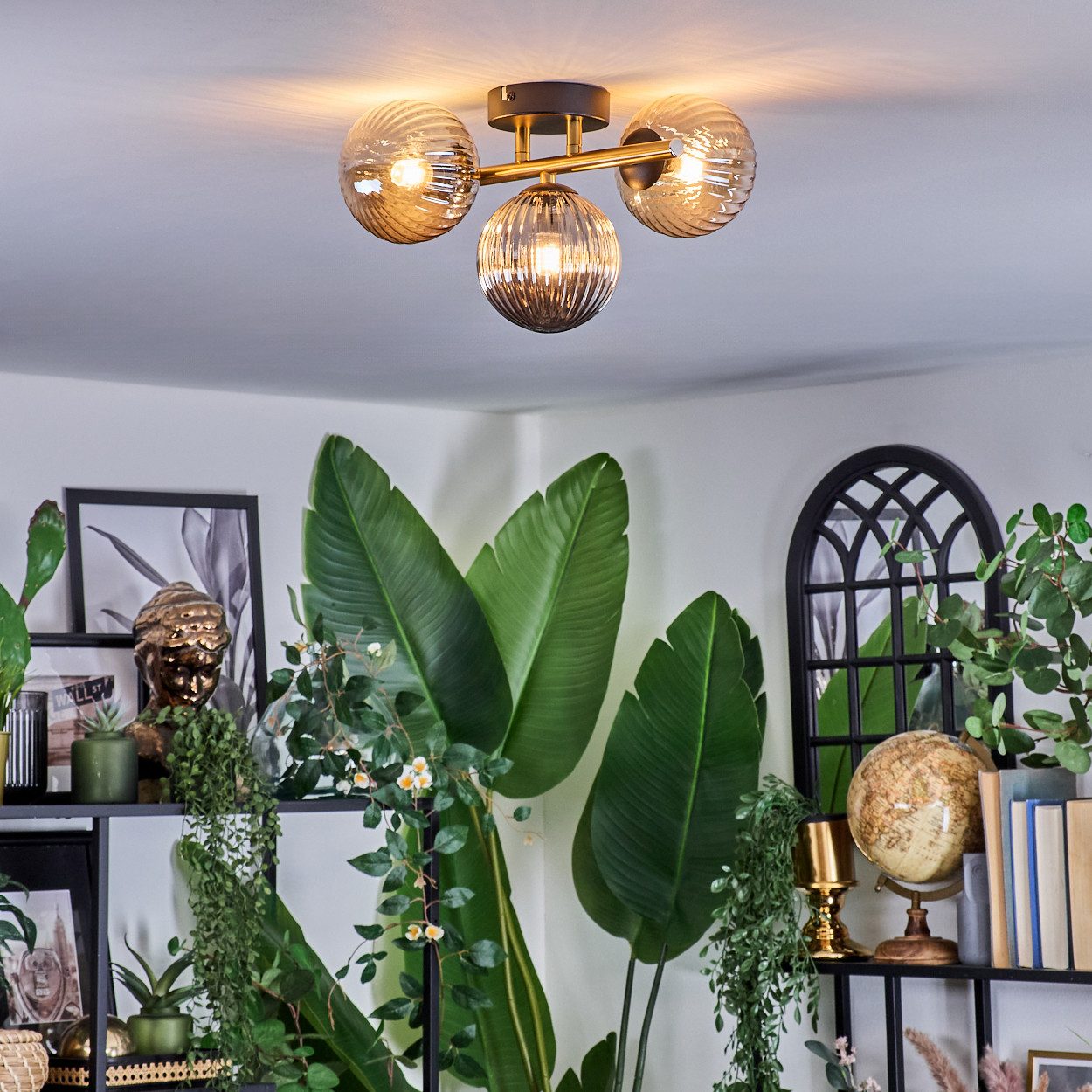 hofstein Deckenleuchte Deckenlampe aus Metall/Riffelglas in Schwarz/Gold/Rauch/Bernstein, ohne Leuchtmittel, Deckenleuchte im modernen Vintage-Design (Schirme Ø 12 cm), 3 x G9